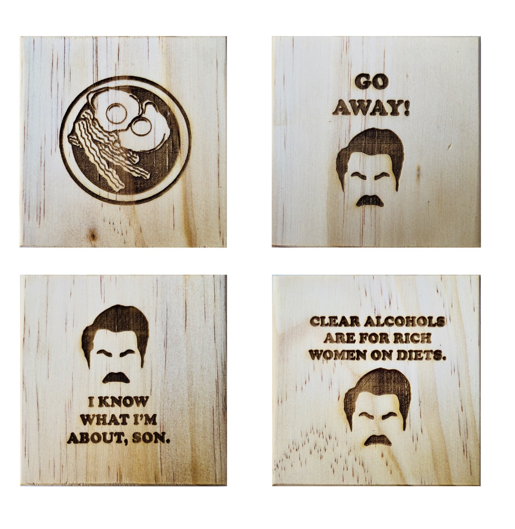 Ron Swanson Coasters (by Brindle Designs): Permanent Engraved Gift Set of 4 Wood Coasters Inspired by Parks and Recreation, The Best of Ron Swanson