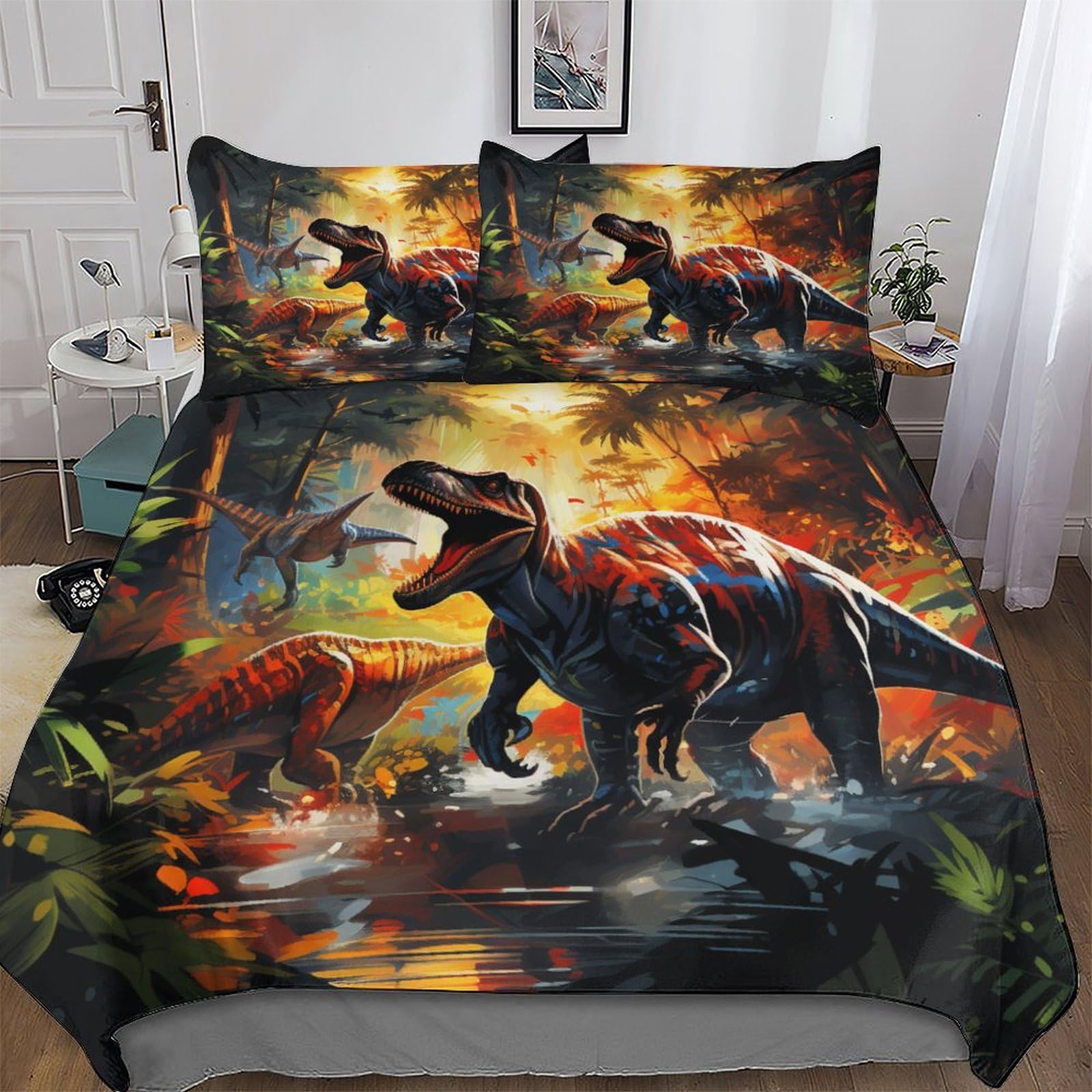 PAZZK Dinosaur Duvet Cover Set Kids Bed Cover Adults Bedroom Quilt Cover 3 Pcs, 3D Printing Bedding Comforter Cover Bedspread, Soft Microfiber Bed Set Double (200x200cm)