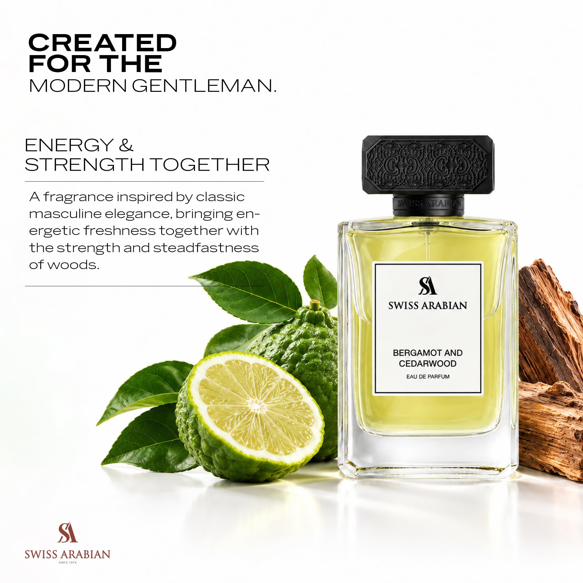 Swiss Arabian Bergamot and Cedarwood - Eau de Parfum for Men 100 ml, una fusione audace di agrumi piccanti e legno terroso, un profumo tonificante e sofisticato