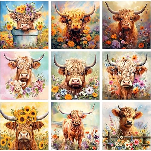 TecUnite 9 Pcs Highland Cow Diamond Painting Art Diamond Painting Kit for Beginners DIY Rhinestone Gem Crafts for Home Wall Decor 6 x 6 Inch (Highland Cow)