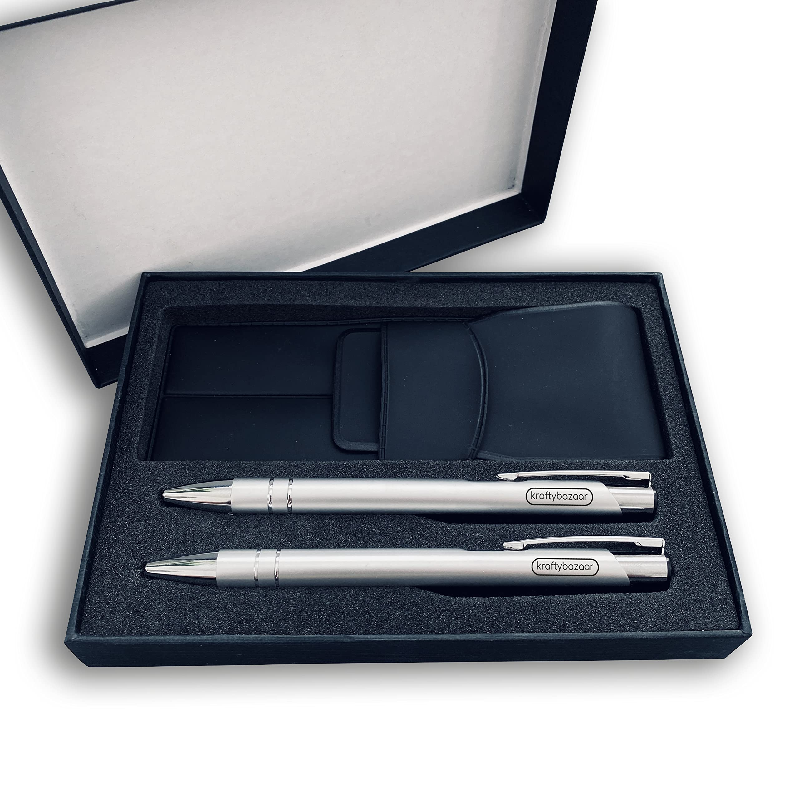 Personalised Metal Ballpoint Pen Set - Custom Printed Full-Color Pens with Name or Logo - Black Ink, Silver Finish, Includes Gift Box and Pouch - Christmas, Secret Santa, Work Gifts — image 1