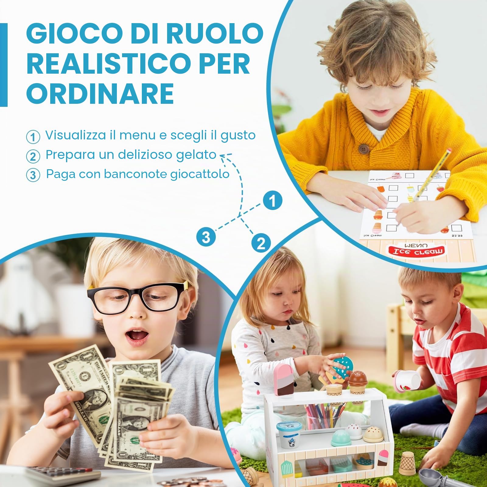 Gelateria Giocattolo per Bambini,Giocattolo per Gelato in Legno,Montessori Gioco di Ruolo Educativo Regalo per Bambini,Gelateria Giocattoli in Legno per Bambini da 3 4 5 6 Anni Ragazzi Ragazze