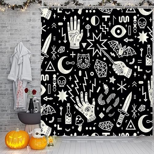 Miniatura 2 de GCTNBJL Cortina de ducha de Halloween, espeluznante gótica, quiromancia alquimia, calavera de bruja, tablero de ouija, mano, bohemio, magia,