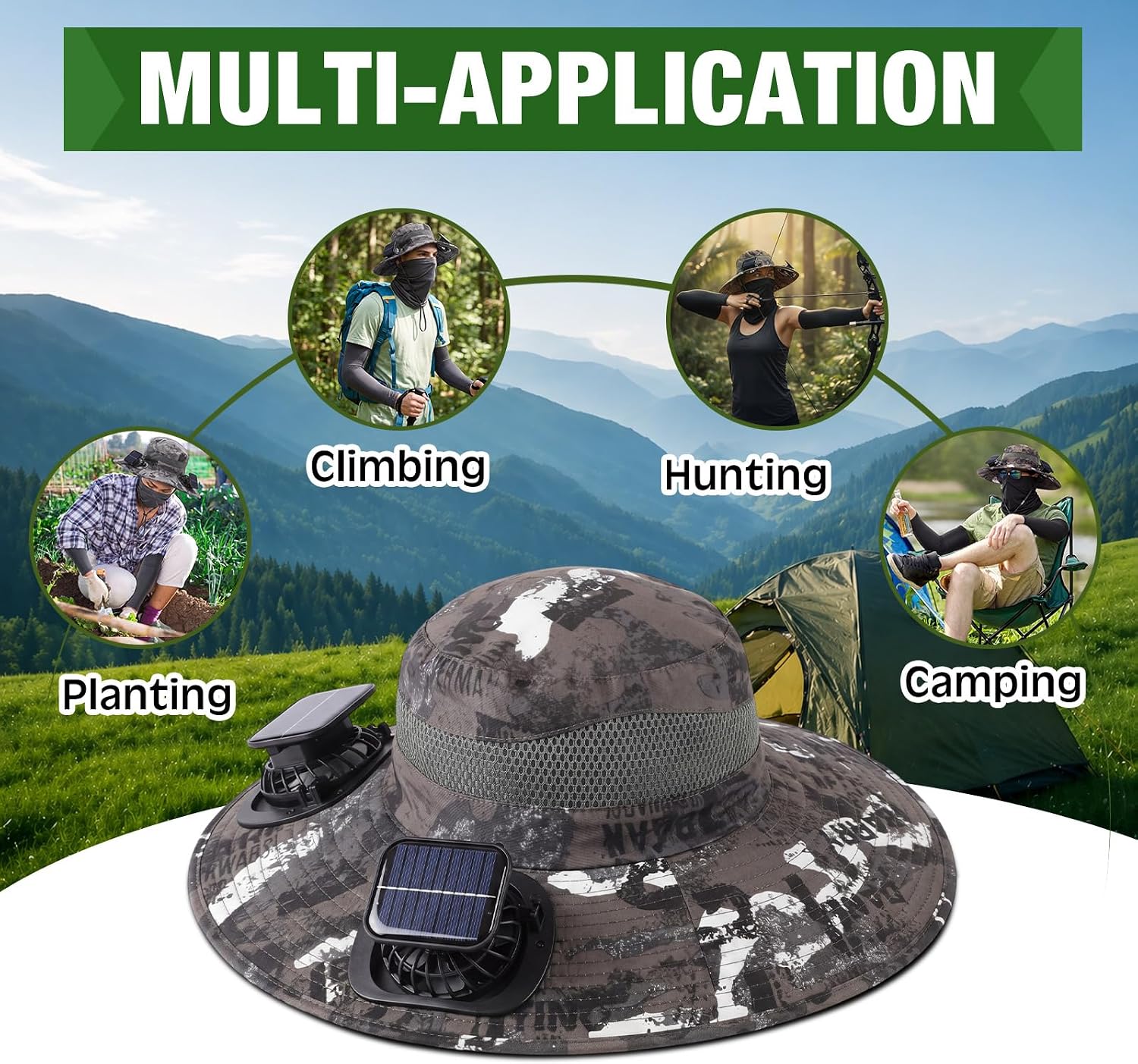 Syhood Solar Fan Hat with Cooling Neck Gaiter Sleeves Wide Brim Sun Hat USB & Solar Powered UPF 50 Sun Protection for Outdoor
