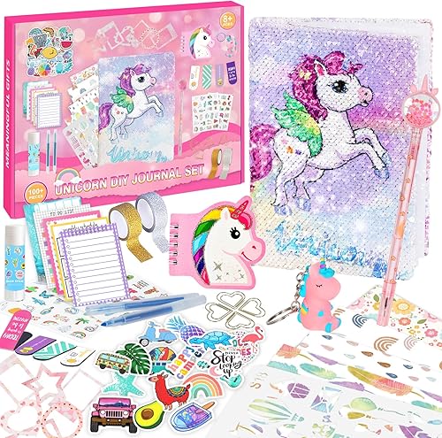 Euclidean Cube Kit de diario de unicornio para niñas, más de 100 piezas de álbum de recortes personalizado de lentejuelas y suministros de diario,