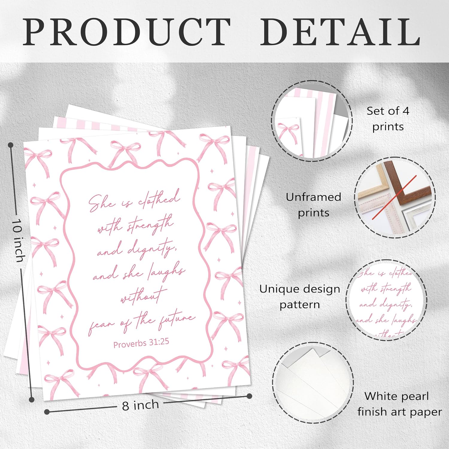 YUISLE Pink Bow Coquette Room Decor Posters for College Teen Girls Gifts, Aesthetic Christian Wall Art for Bathroom Dorm, Inspirational Bible Verses Prints, 8x10 Inch, 4 PCS(Unframed)