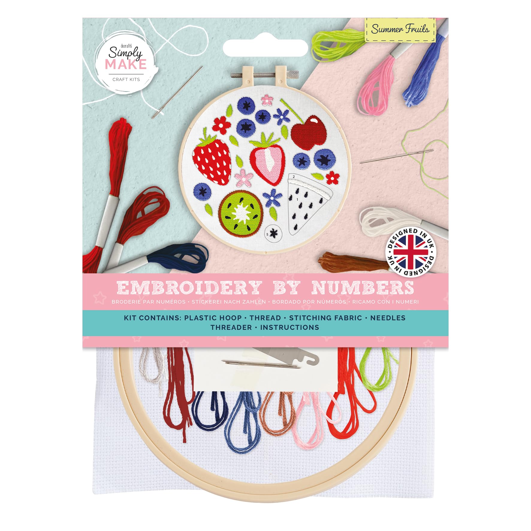 Simply Make Embroidery by Numbers Summer Fruits, Multicoloured, Single Craft Kit, Stitch and Sewing Kit with Embroidery Threads, Craft Kits for Adults UK, Embroidery Kit with Embroidery Hoop
