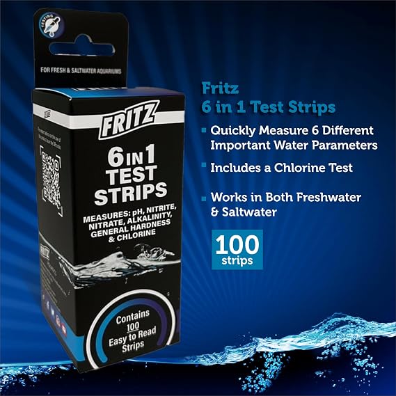 Fritz 6 in 1 Aquarium Test Strips - Monitor Nitrates, Nitrites, Water Hardness, Chlorine, Alkalinity and pH Level - 100 Count