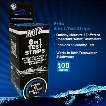 Fritz 6 in 1 Aquarium Test Strips - Monitor Nitrates, Nitrites, Water Hardness, Chlorine, Alkalinity and pH Level - 100 Count