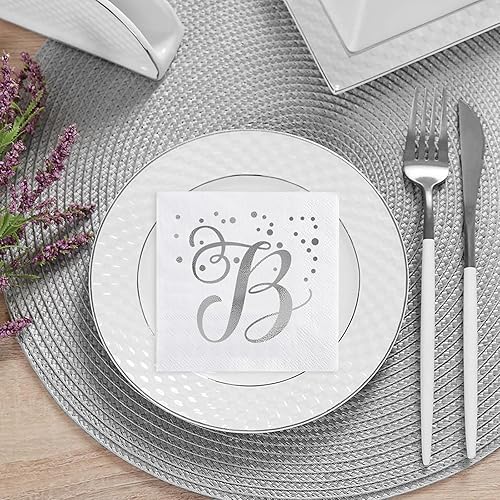 Miniatura 6 de Paquete de 200 servilletas desechables con monograma de papel de aluminio plateado con letra B, servilletas de bebidas iniciales para bodas, fiestas