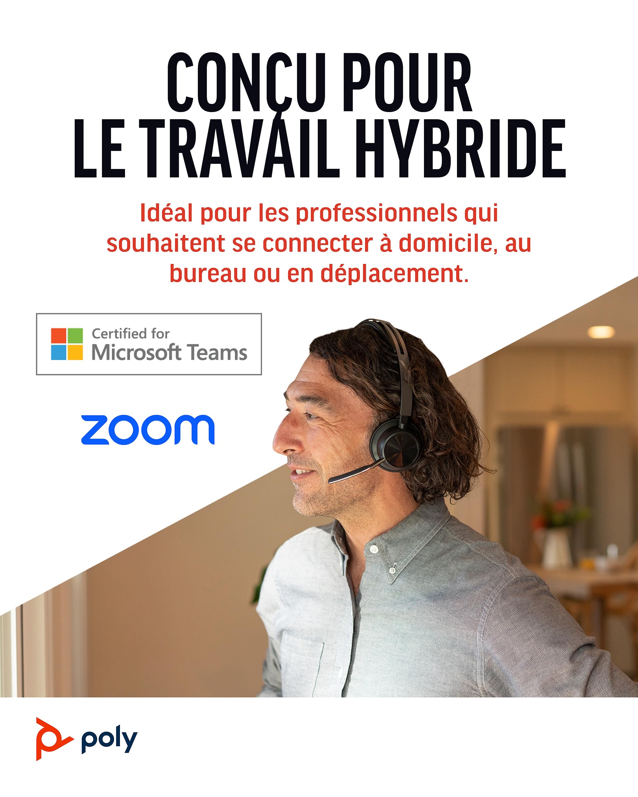 Micro-casque sans fil Poly Voyager Focus 2 UC avec microphone - Annulation active du bruit (ANC) - Connexion à un PC/Mac/Téléphone portable via Bluetooth - Fonctionne avec Teams (certifié), Zoom
