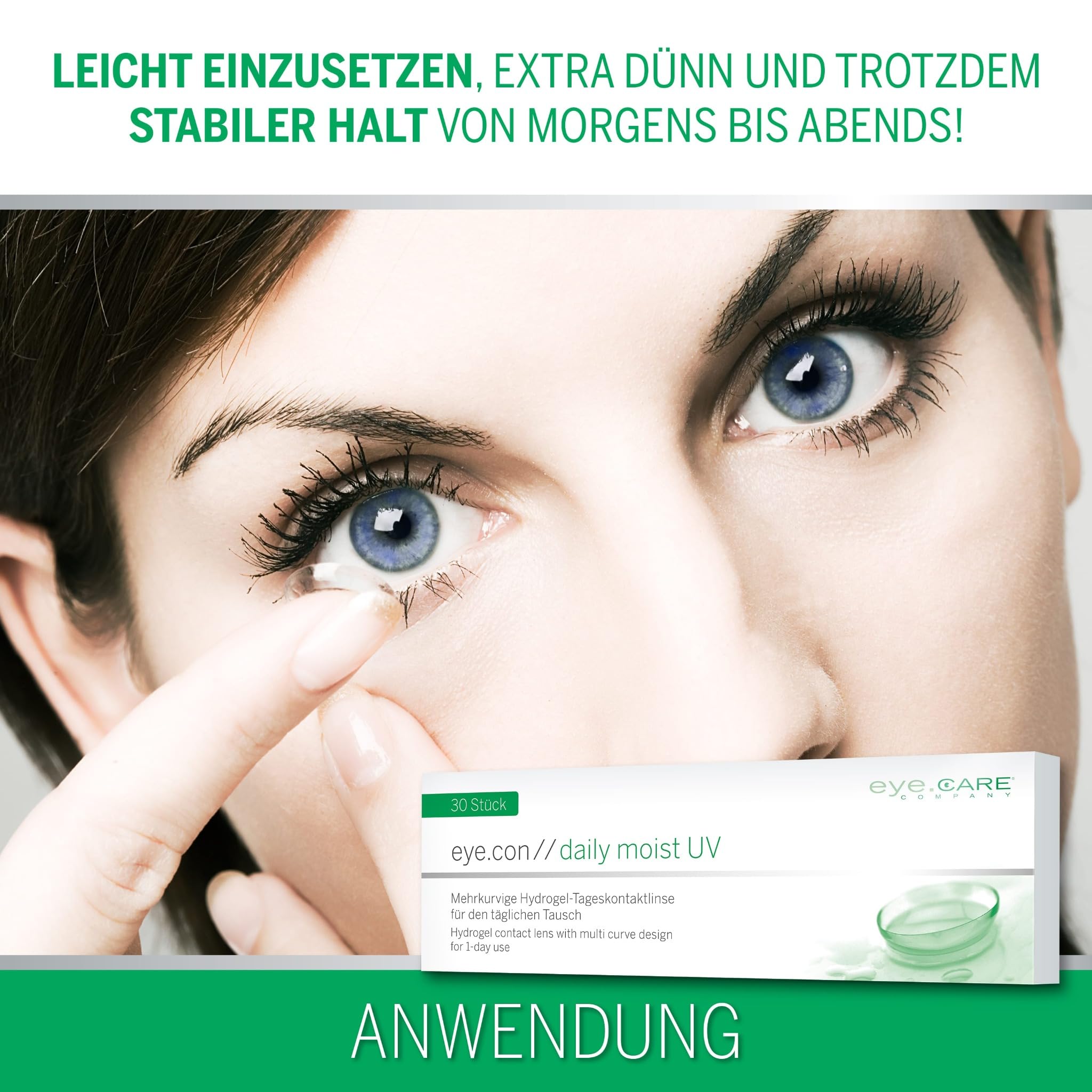 Eye.Con Daily Moist UV weiche Tageslinsen aus Hydrogel – 30 dailies Contact Lenses mit hoher Wasserbindung für empfindliche Augen. Mehrkurvige Kontaktlinsen. BC 8.6mm, DIA 14.3mm, -2.75 Dioptrien.