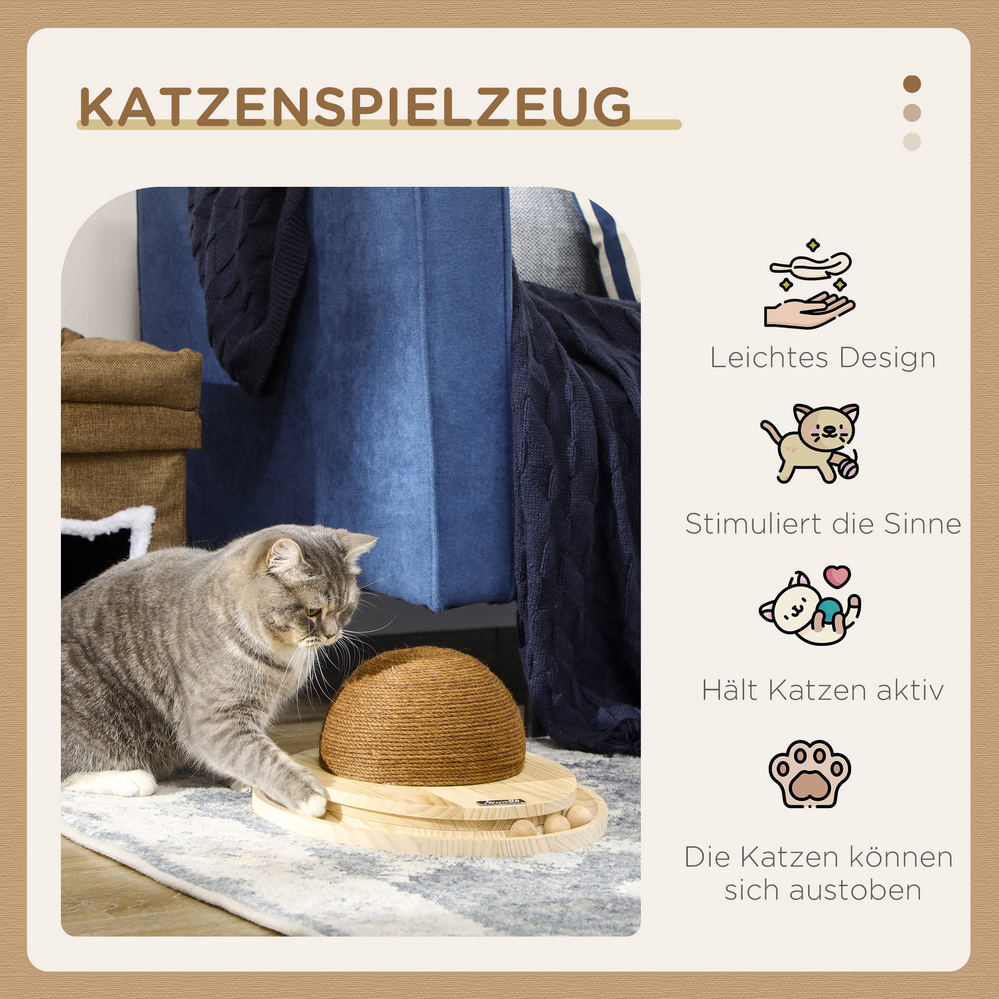 PawHut Interaktives Kratzspielzeug, 2-in-1-Design Katzenspielzeug mit Kugelbahn und Kratzbrett, Kratzmöbel für Katzen, Jute, Kiefernholz, Natur+Kaffee, 39,5 x 32,5 x 14,5 cm