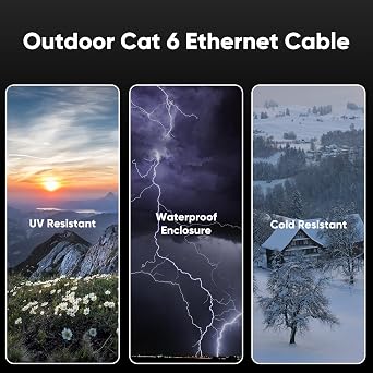 Cat 6 Outdoor Ethernet Cable 100 ft, 10Gbps 550MHz Pure Copper Network Internet Cable Direct Burial Waterproof UV LLDPE Jacket, LAN Cable Patch Cord with 20 Ties, UTP Support POE for PC