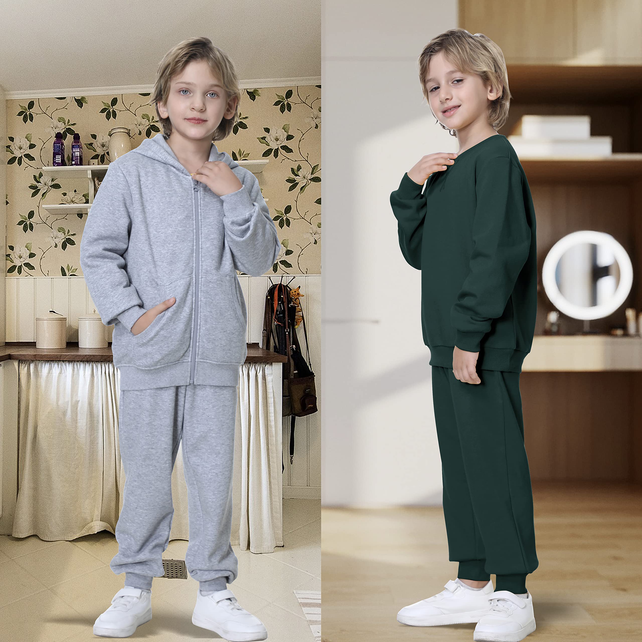 UNACOO Kid's Fleece Sweatpants Girl's and Boy's Active Basic Jogger Pants (Dark Green, m-1(7-8 Years))