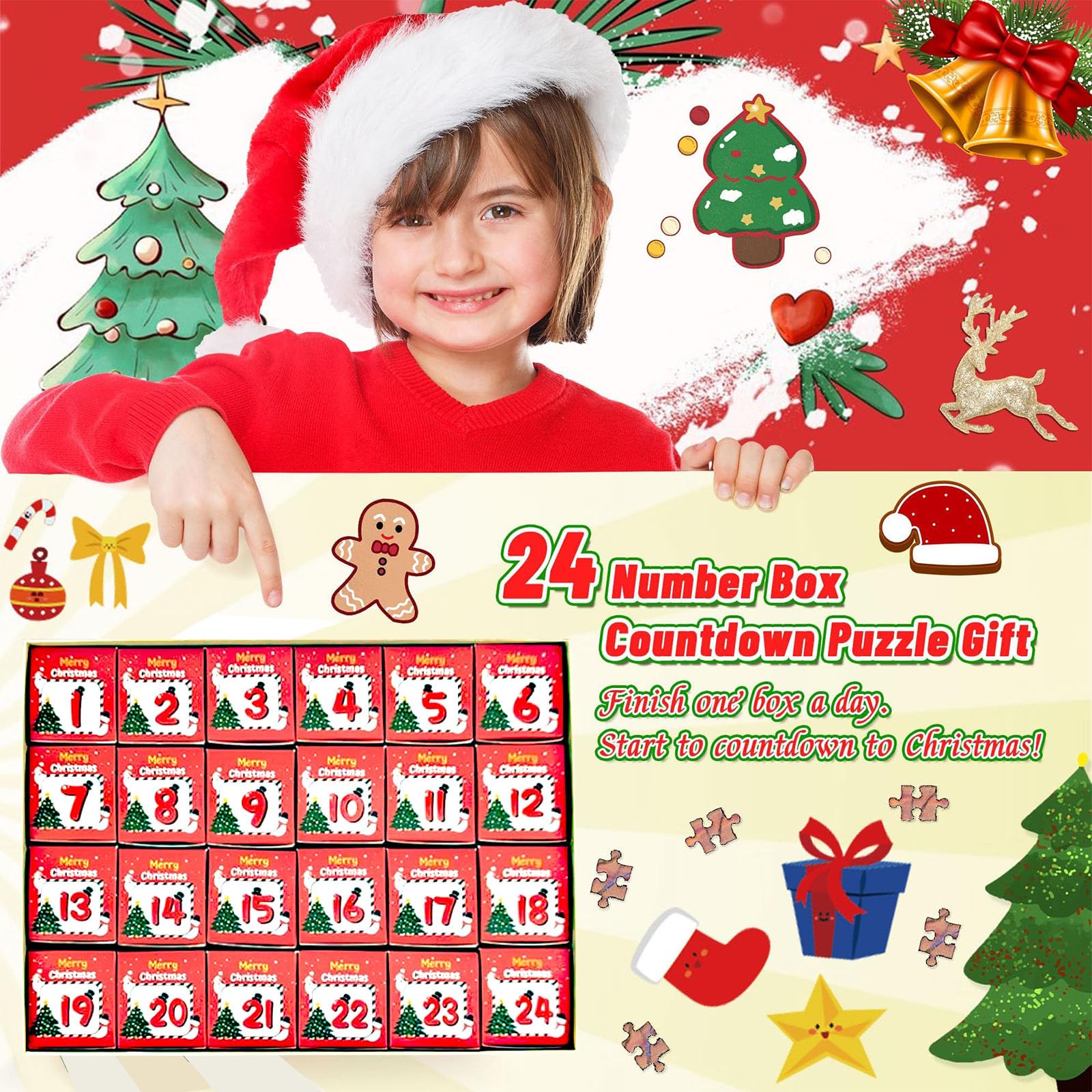 POPOYU świąteczny kalendarz adwentowy na rok 2024, puzzle dla dzieci, 24 pudełka na 24 dni, 68 x 48 cm, 1008 sztuk, puzzle świąteczne, kalendarz z odliczaniem dla dorosłych i dzieci, na prezent