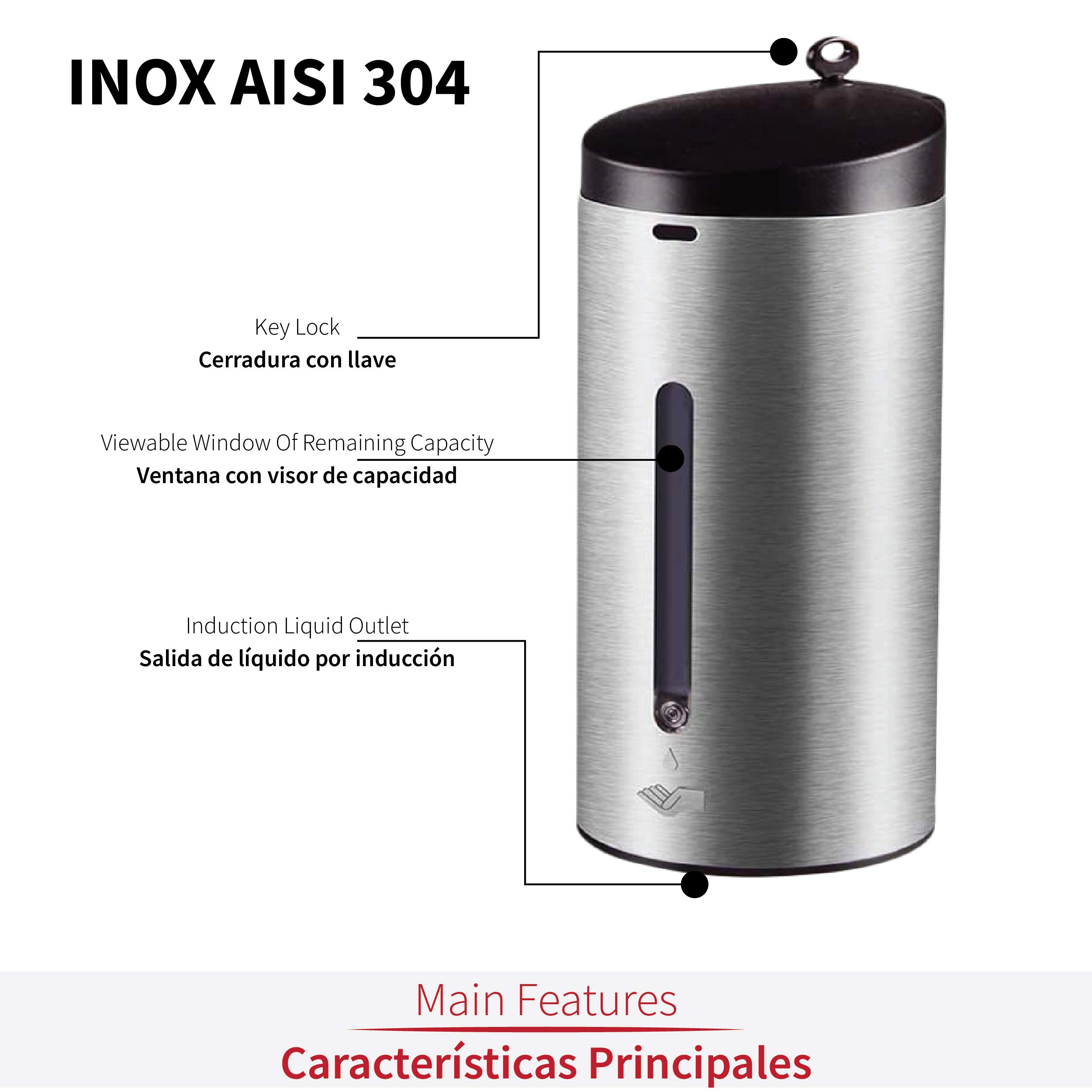 Dispensador Gel Hidroalcoholico Automatico GR.5095 en Acero Inox 650 ml · ÚNICO DISPENSADOR EN EL MUNDO DISEÑADO ESPECIALMENTE PARA GEL HIDROALCOHÓLICO · Tratamiento Exterior Anti-bacteriano