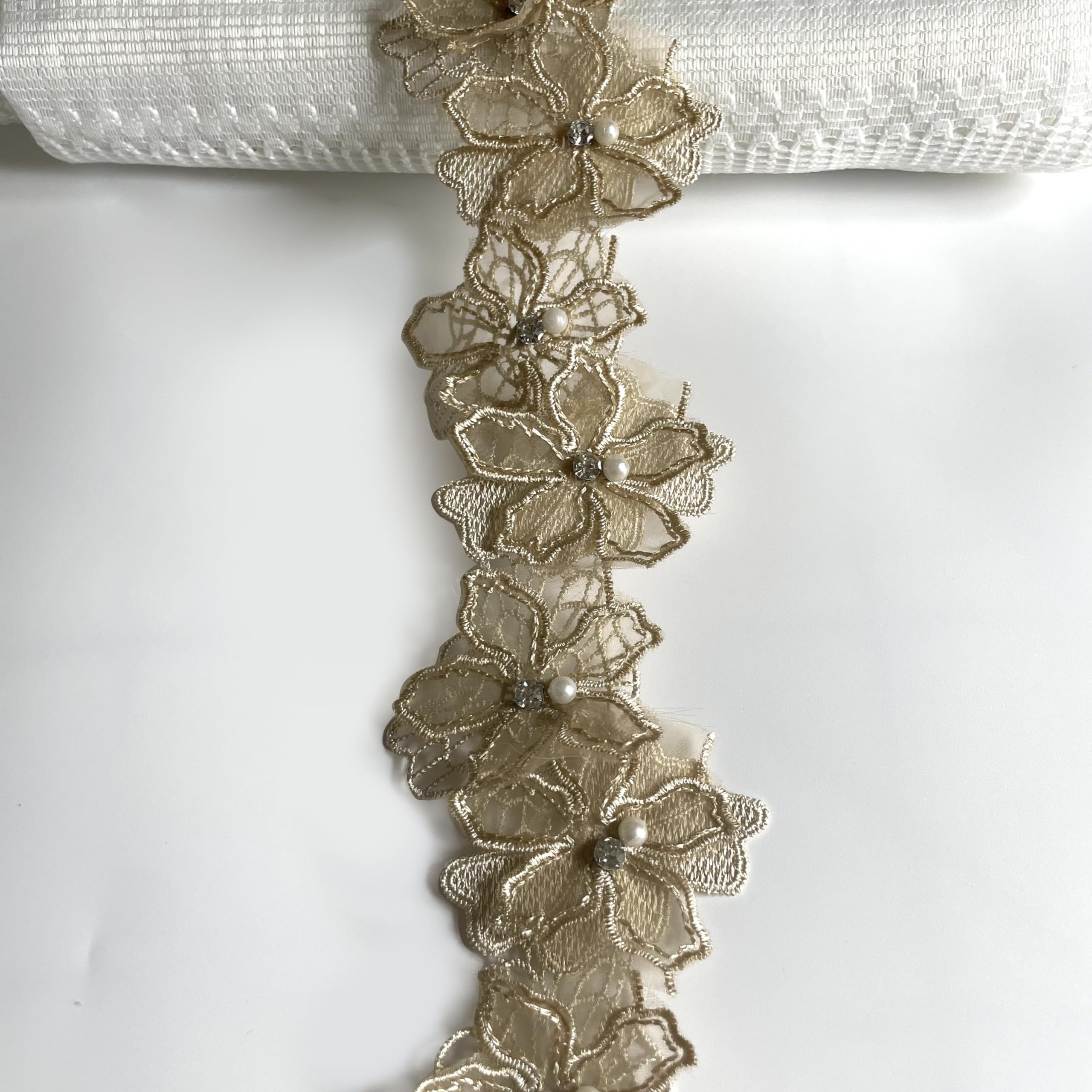 2 Yards 3D Flower Lace Trim Pearl Beads Floral Embroidered Lace Trim Fabric Floral Appliques Lace Ribbon Handmade DIY Sewing Supplies Craft for Costume Hat Decoration (Brown) โ image 1