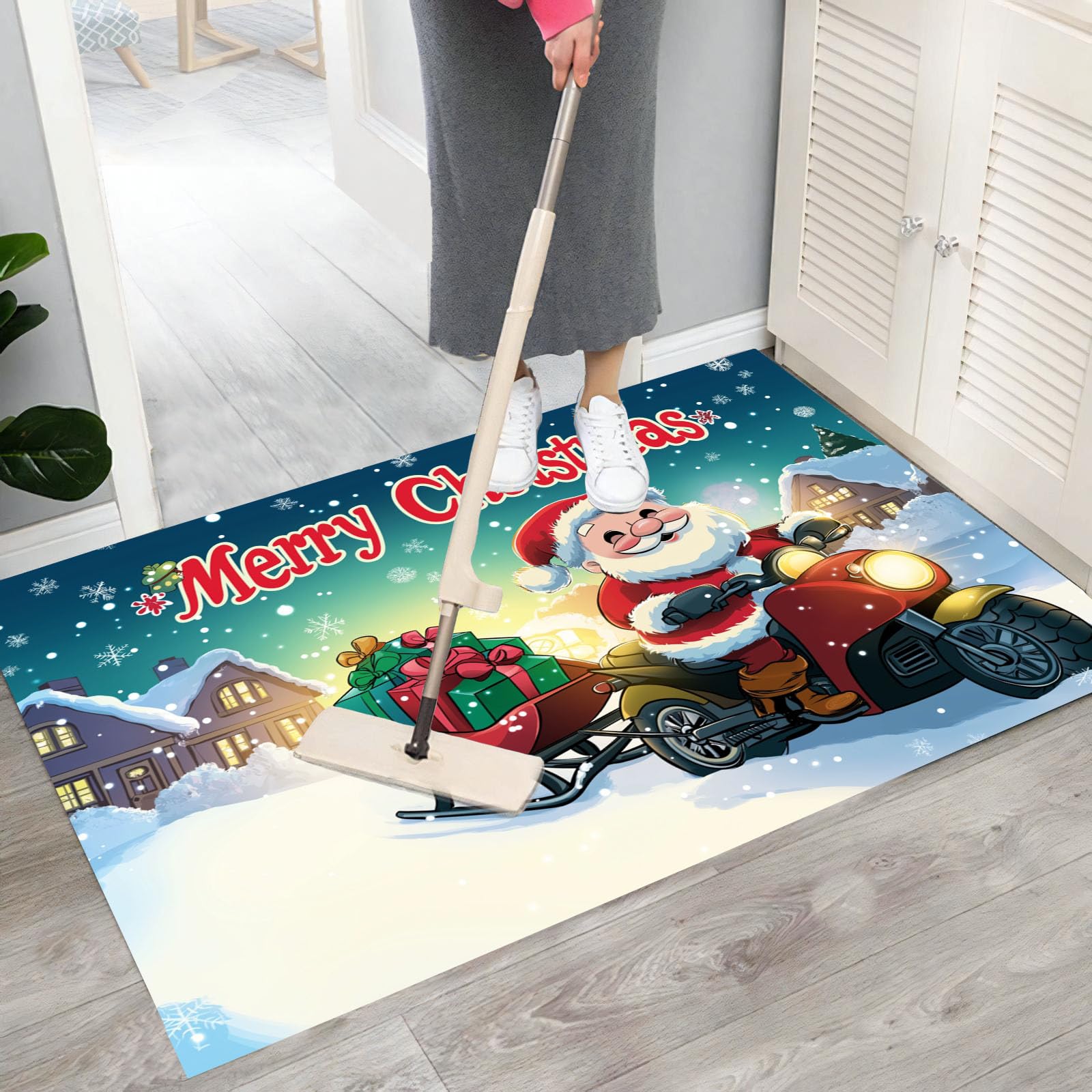 Fußmatte Weihnachten, Niedlicher Cartoon-Weihnachtsmann Teppich, Schmutzfangmatte Waschbar für Innen und Außen, rutschfest Weihnachts Fußmatte für Flur, Wohnzimmer, Badezimmer,90 x 150 cm