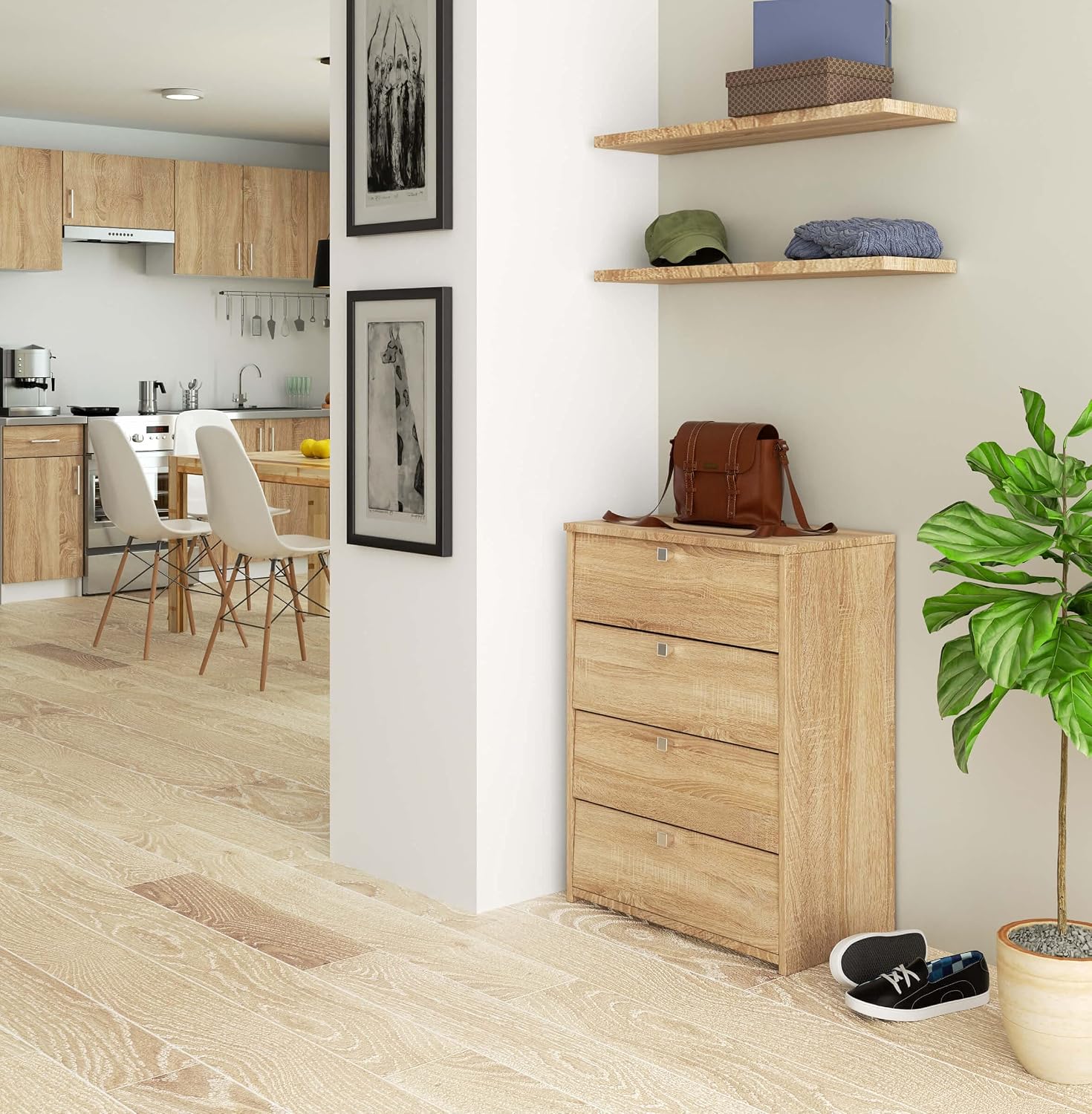 AKORD Shoe Cabinet in a modern entryway with shelves above