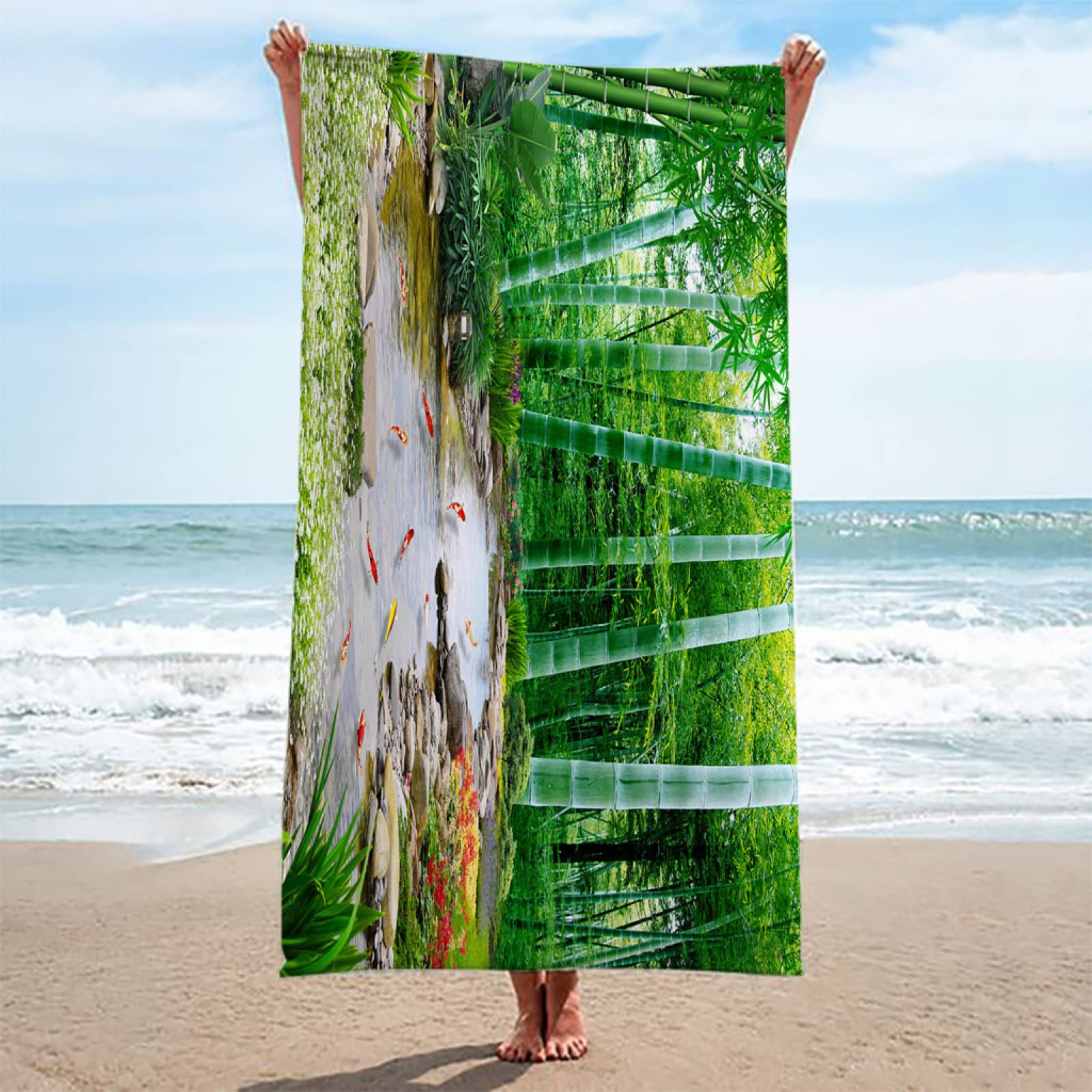 Strandtuch Grün&Bambus Mikrofaser Strandtuch für Erwachsene, Doppelseitiges Sandfreies Schnelltrocknend Leichtes Handtuch für Strand Schwimmen 100 x 200 cm
