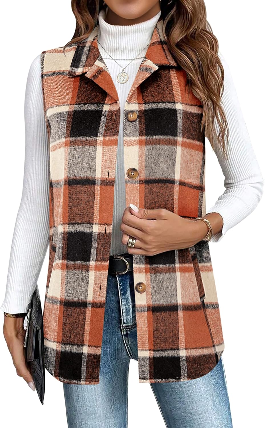 Zeagoo Plaid Vest for Womens Casual Sleeveless Flannel Jacket Lapel Button Down Shirt with Pockets 2025 Fall Clothes