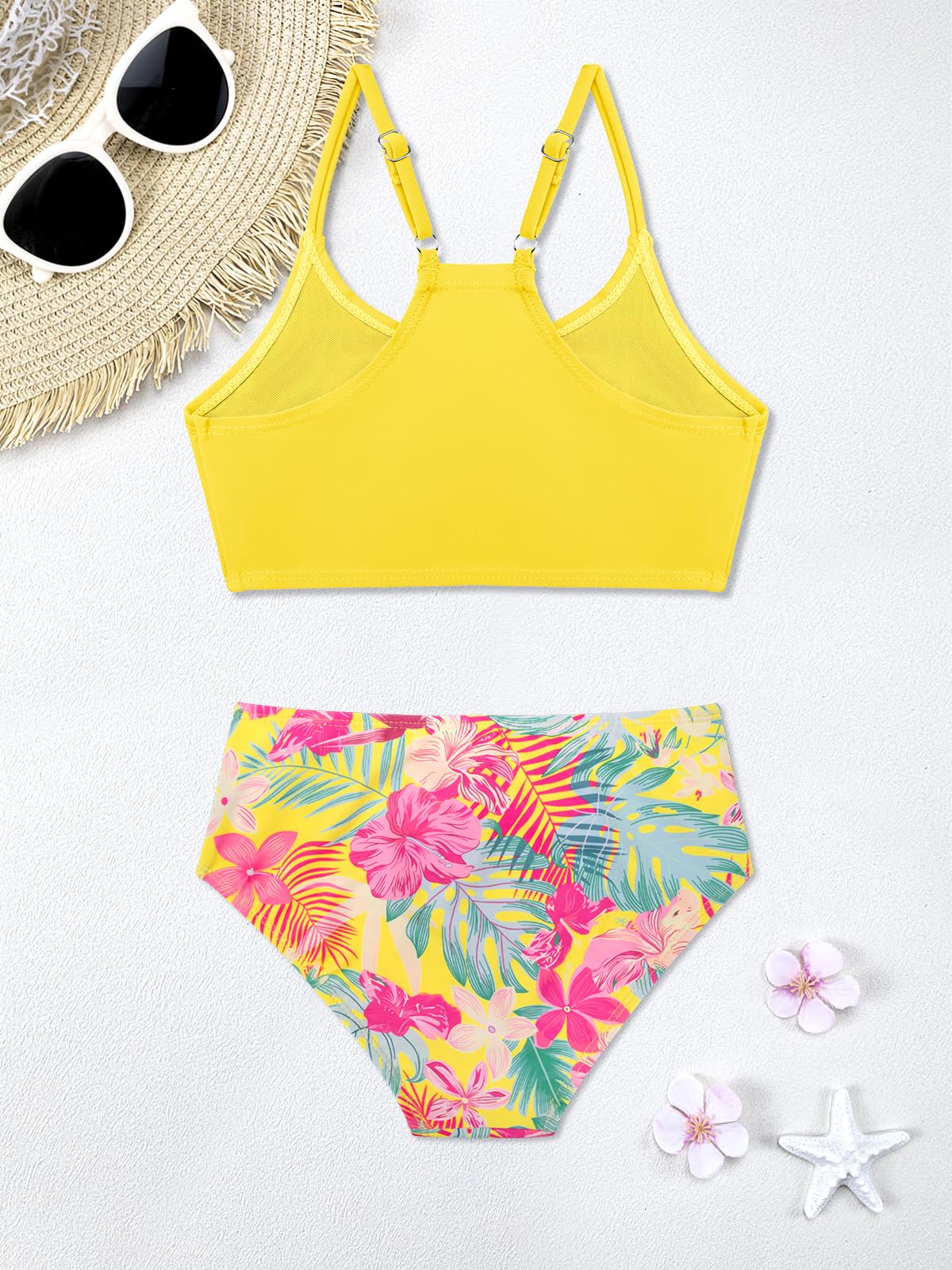 SHEKINI Traje de baño estampado de 3 piezas para niñas, conjunto de bikini de cintura alta con pantalones para cubrir