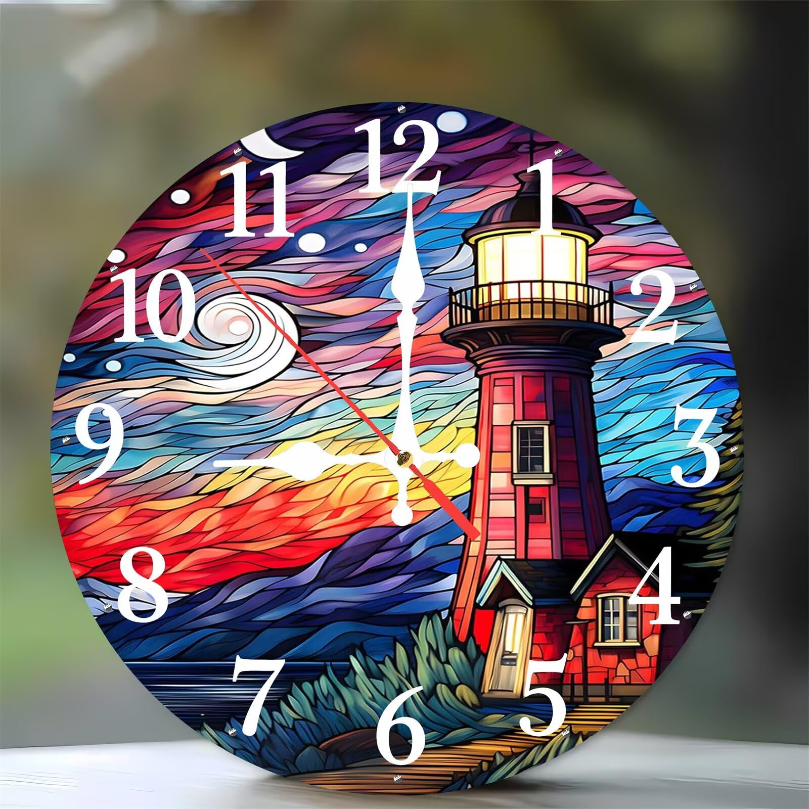 Horloge murale en bois ronde 35 cm avec motif phare et ciel étoilé