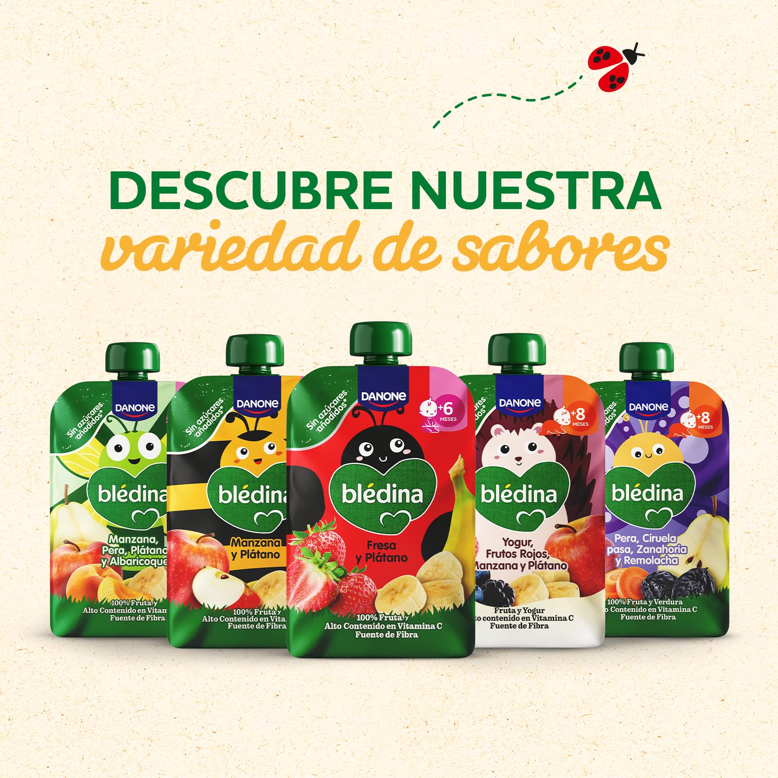 Blédina Bolsitas de Fresa y Platano para Bebé. Pouch 100% Fruta, Sin Azúcares Añadidos y Alto Contenido en Vitamina C, Fuente de Fibra. Desde los 6 Meses, Pack 6x100g