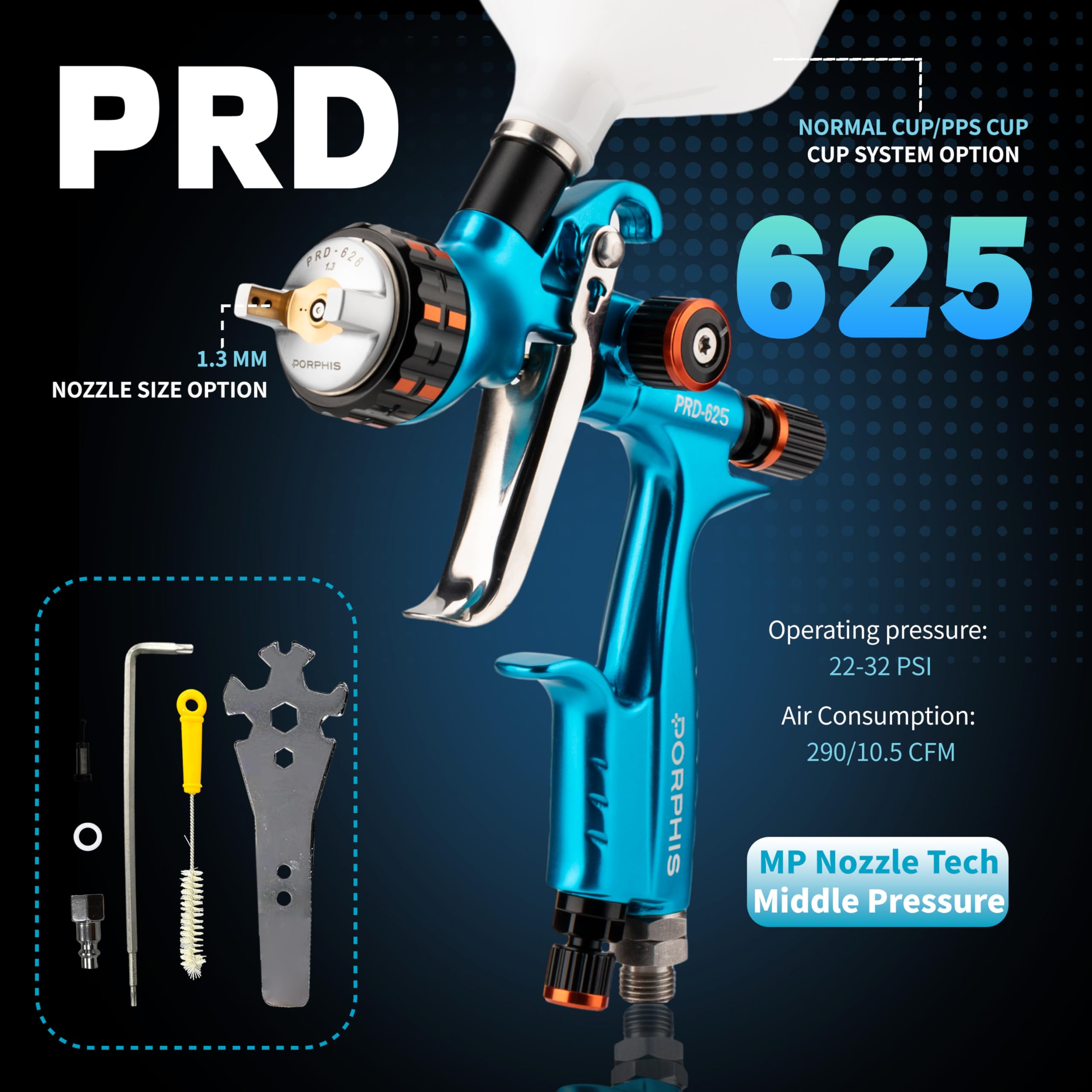 Pistolet natryskowy PRD-625 MP z dzieloną dyszą 1,3 mm samochodowy pistolet natryskowy, niebieski