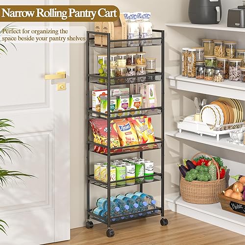 Miniatura 3 de Carrito de almacenamiento delgado de 6 niveles, estantería móvil estrecha, organizador con ruedas, estante de almacenamiento de alambre de metal