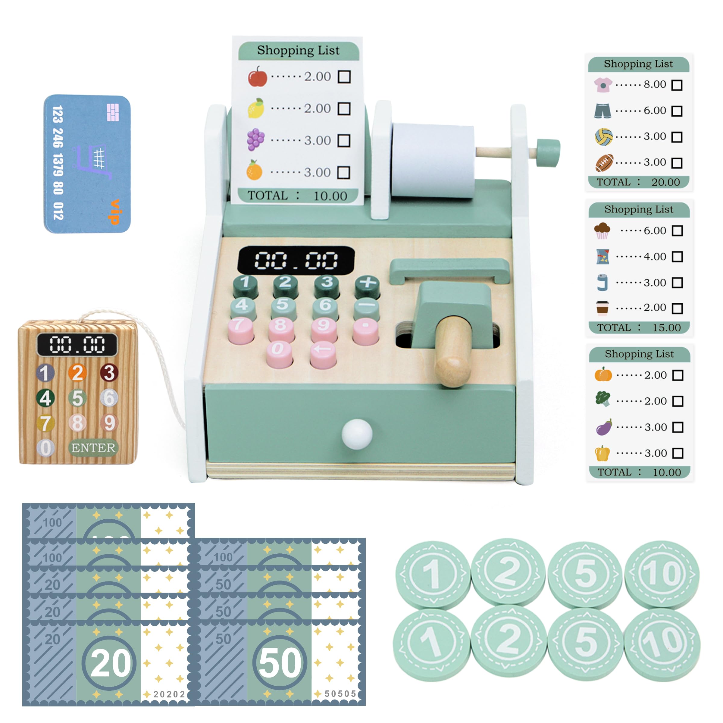 Masonbaby cash register for kids,wooden cash register,Kids Pretend Play Money Counting Toys,pretend play cash register,play cash register for kids ages 4-8