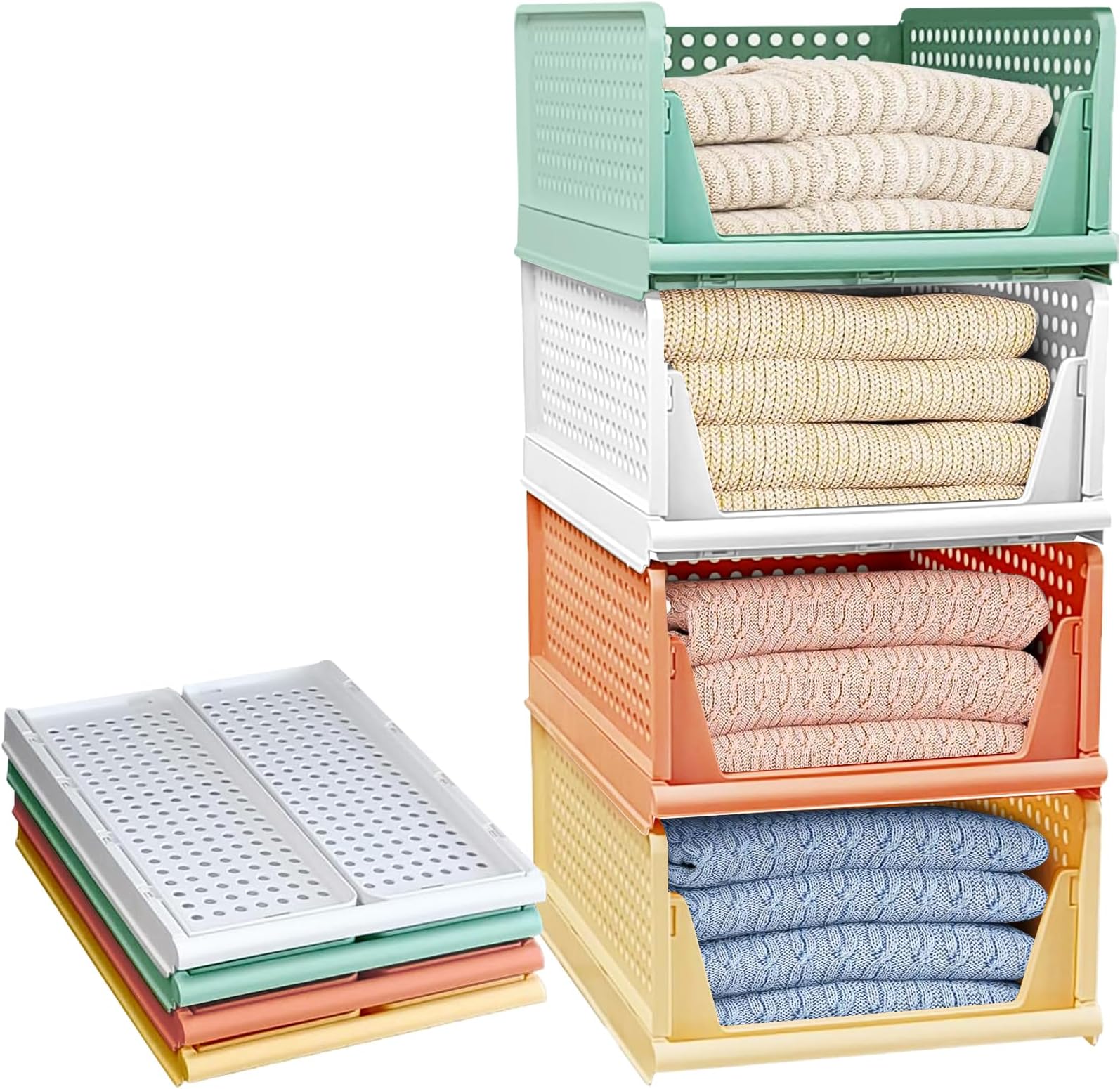 Set of 4 Foldable Wardrobe Organiser, Drawer Box, Stackable Storage Boxes, Plastic Organiser, Shelf Cabinet for Clothes, Bedroom, Kitchen, Bathroom, Colourful