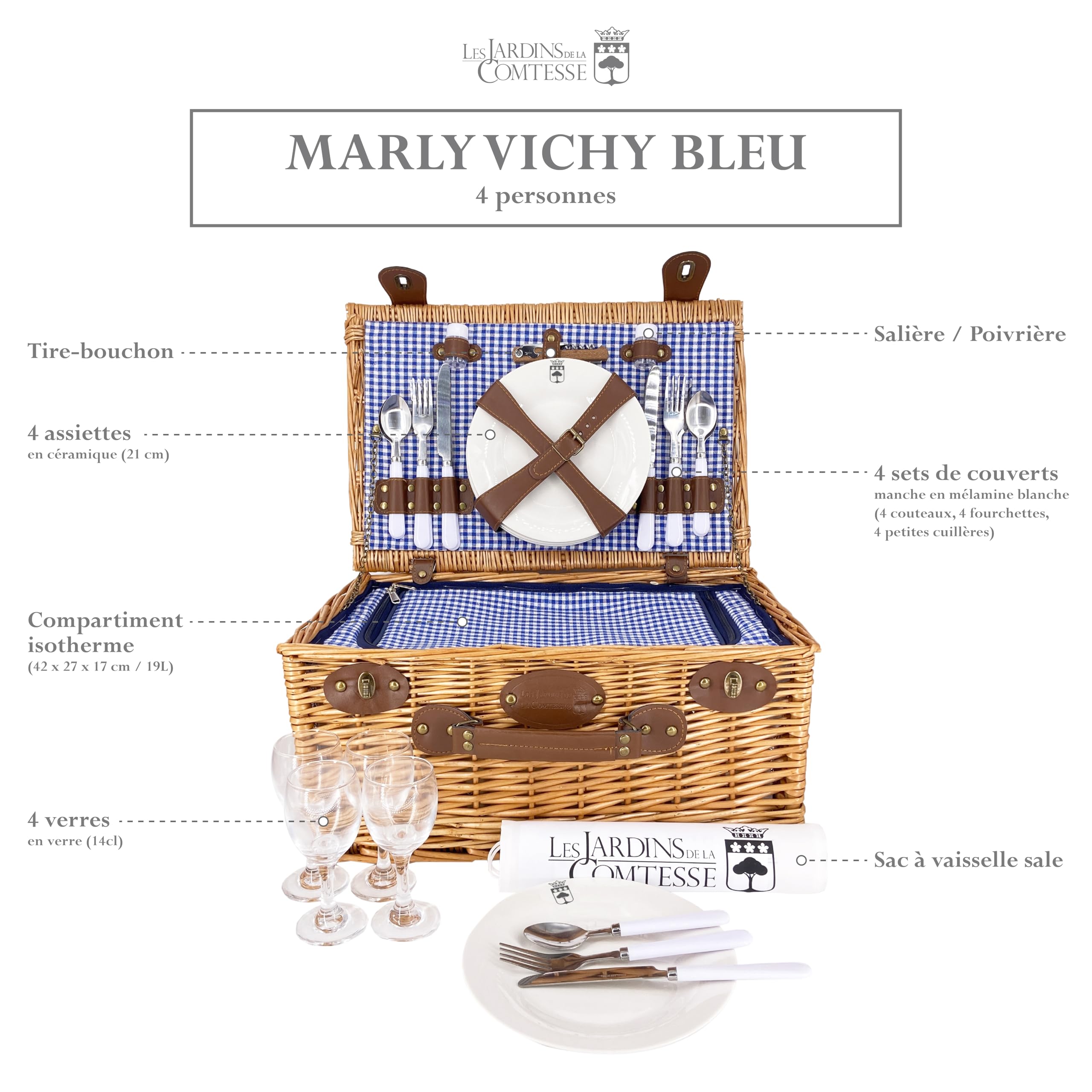 Les Jardins de la Comtesse – Cesta de picnic Marly tejido vichy azul – Completo 4 personas – Compartimento nevera isotérmico – Platos de cerámica y copas de vino de cristal – 46 x 31 x 20 cm