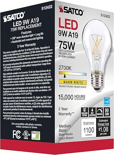 Miniatura 5 de Satco Paquete de 6 lámparas de filamento LED regulables, S12422, lúmenes altos, 10.5 vatios, A19; transparente; base media; 2700 K; 90 CRI; 120