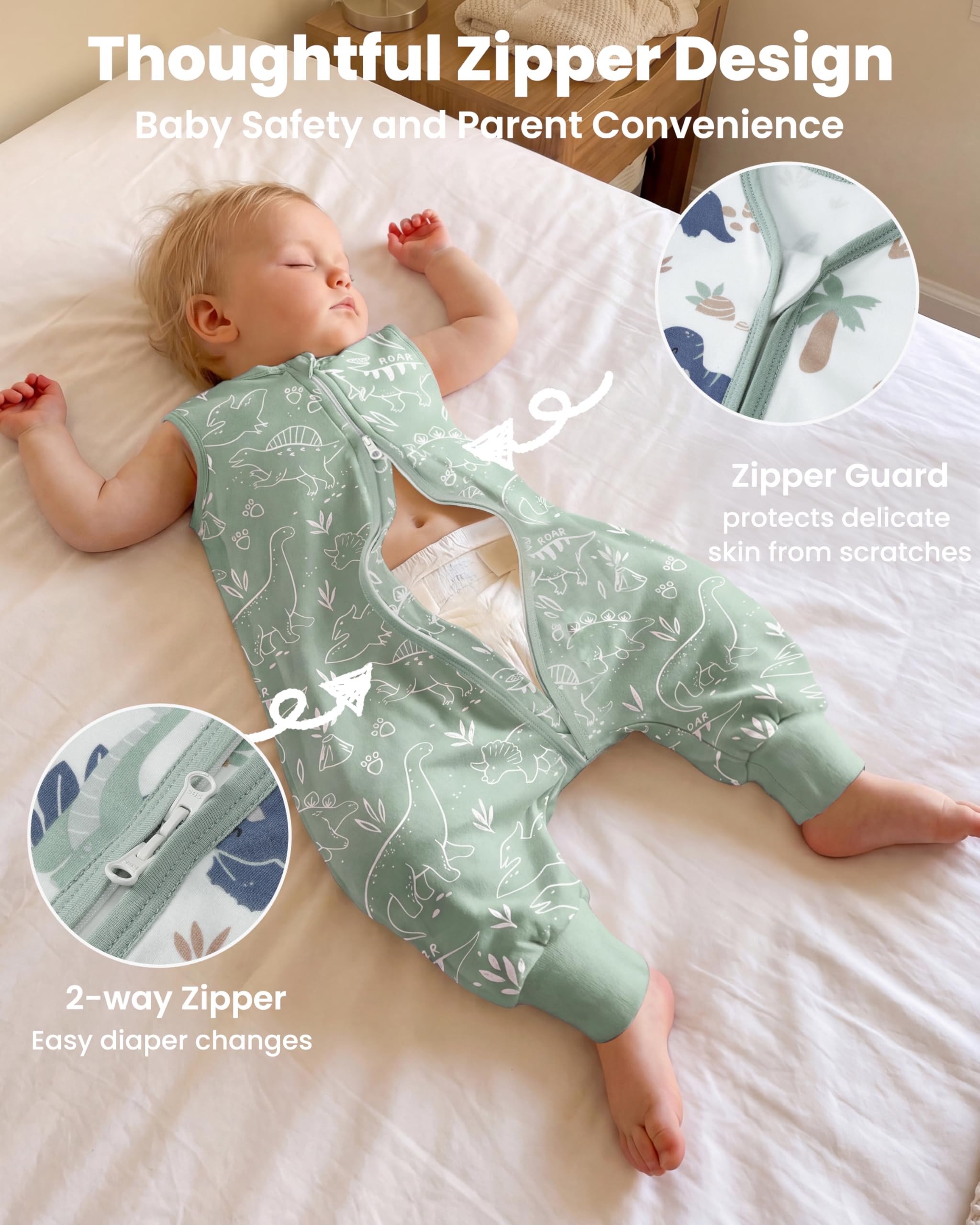 Gigoteuse avec Pied 18-24 Mois Enfant Turbulette avec Pied Legere 0,5 Tog 100% Coton Gigoteuse d'Été Bébé Fille Garcon Gigoteuses avec Jambes Dinosaure Vert