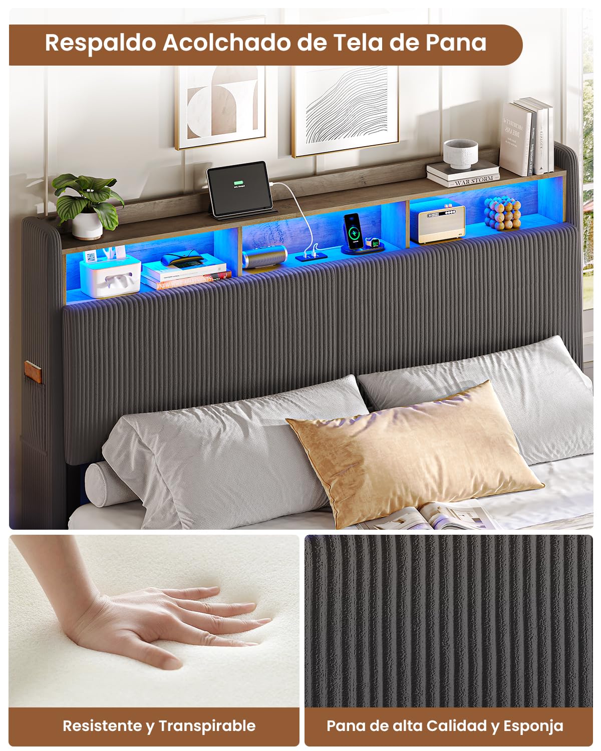 AOGLLATI Cama Matrimonio 180x200 con Almacenamiento Pana Gris Oscuro | Cama con Efecto Visual Levitante Cama con 270°LED y Estación de Carga, Cama Juvenil con Cabecero Marco de Cama Canape