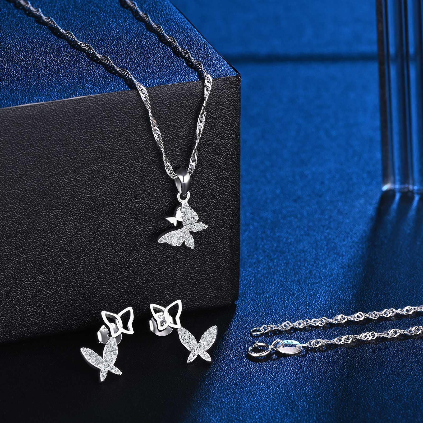 2 PCS Joyas Conjunto de Collar y Pendientes de Mariposas en Plata de Ley 925 con Circonitas, Pendientes Trepadores de Mariposas, Collar Colgante Mariposas para Mujer Niña