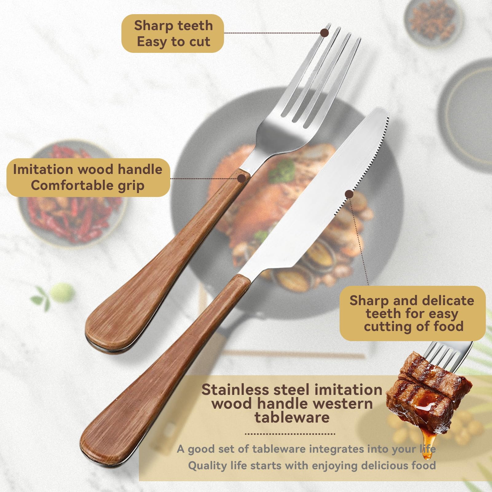 Juego De Cubiertos De Acero Inoxidable, Flatware Set 4, Mango De Madera Clásico Duradero, Cuchillo Para Carne Tenedor Cuchara Para El Hogar, Hotel, Restaurante, Fiesta (20pcs)