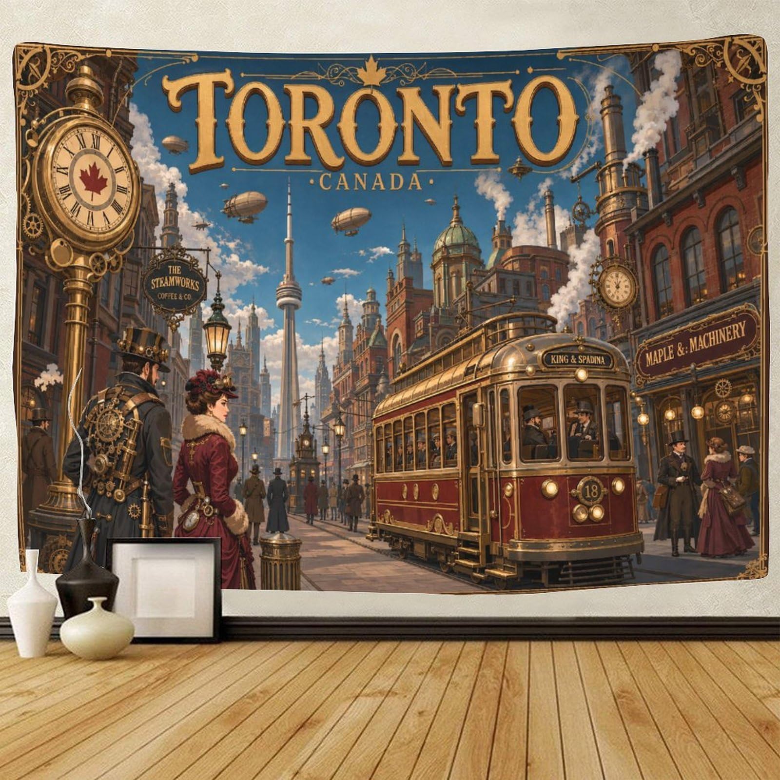 GPMNBCXZK Steampunk Toronto Streetscape 3D Print Wall Art Decor Tapestry for Bedroom Tapestries Home Decoration Curtain Bedroom College Dorm 150cmx200cm