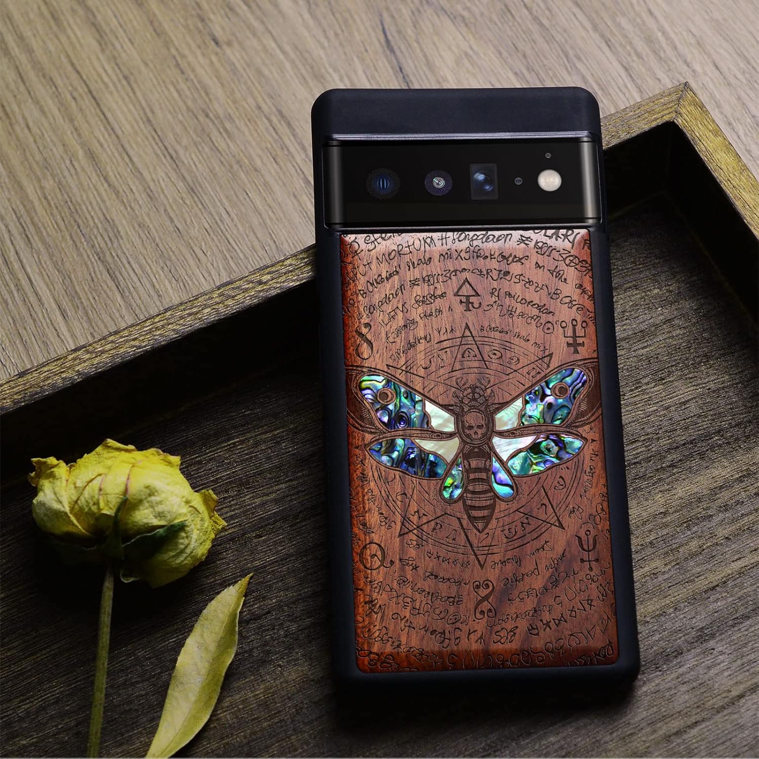 Carveit Designer Wooden Case for Google Pixel 6 Pro Case Cover [Wood Engraving & Shell Inlay] Wood Phone Case Compatible with Wireless Chargers Pixel 6 Pro (Death's Head Moth-Rosy)