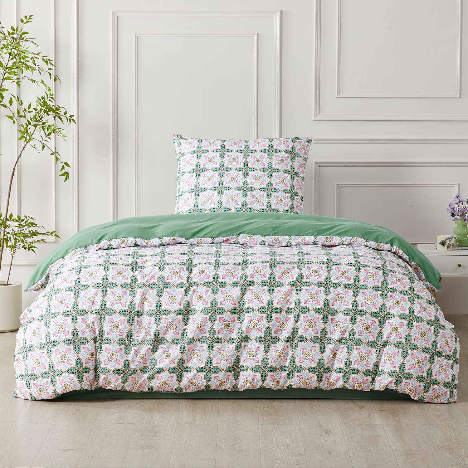 SAPHREAS Böhmisch Mikrofaser Bettwäsche Set Boho Grün Paisley 135x200 Kuschelig + Reißverschluss + Kissenbezüge