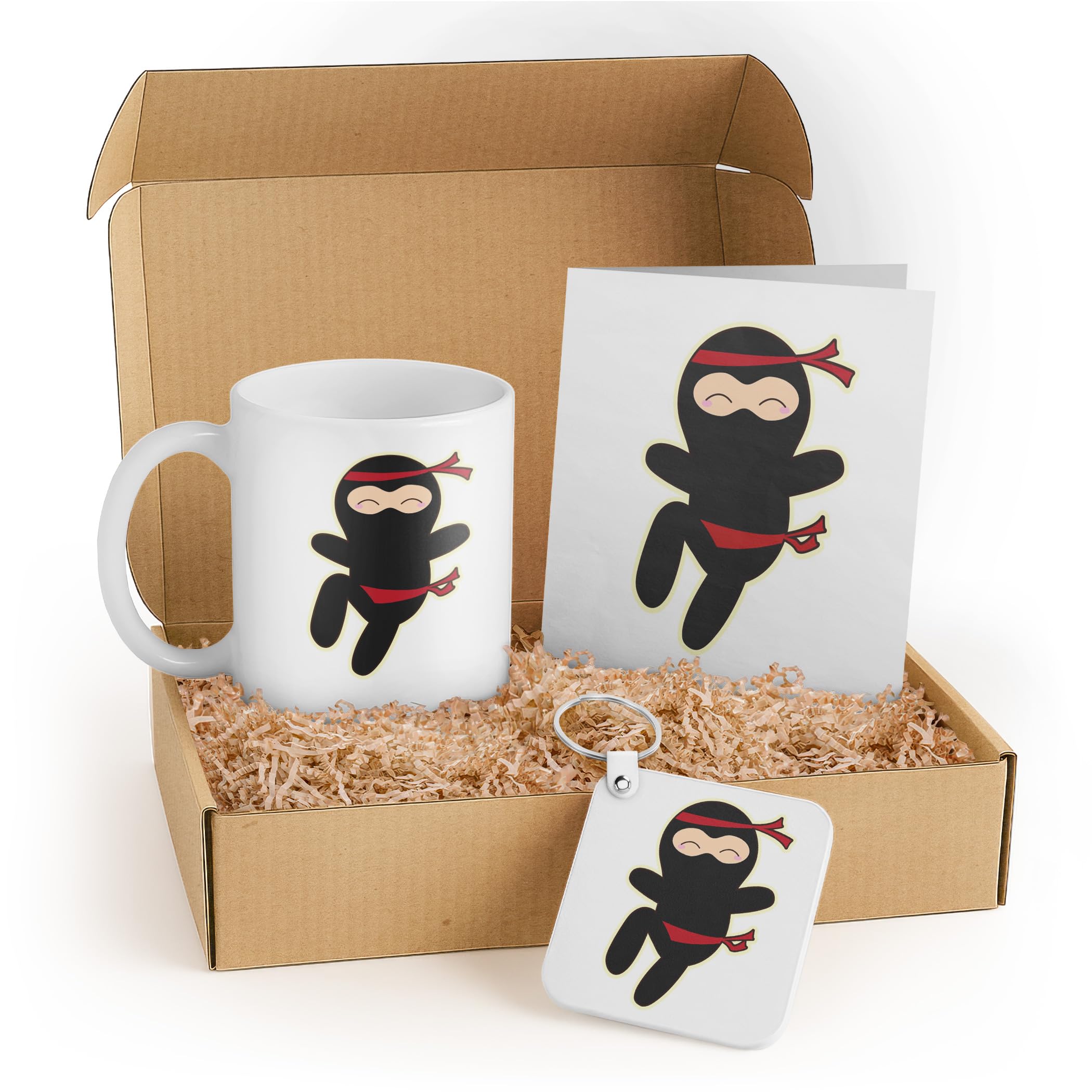3dRose Ninja Cartoon Gift Set for Kids - Includes Mug, Keychain, and Card - Cute Black Ninja Character - Perfect for Birthdays and Fun Parties