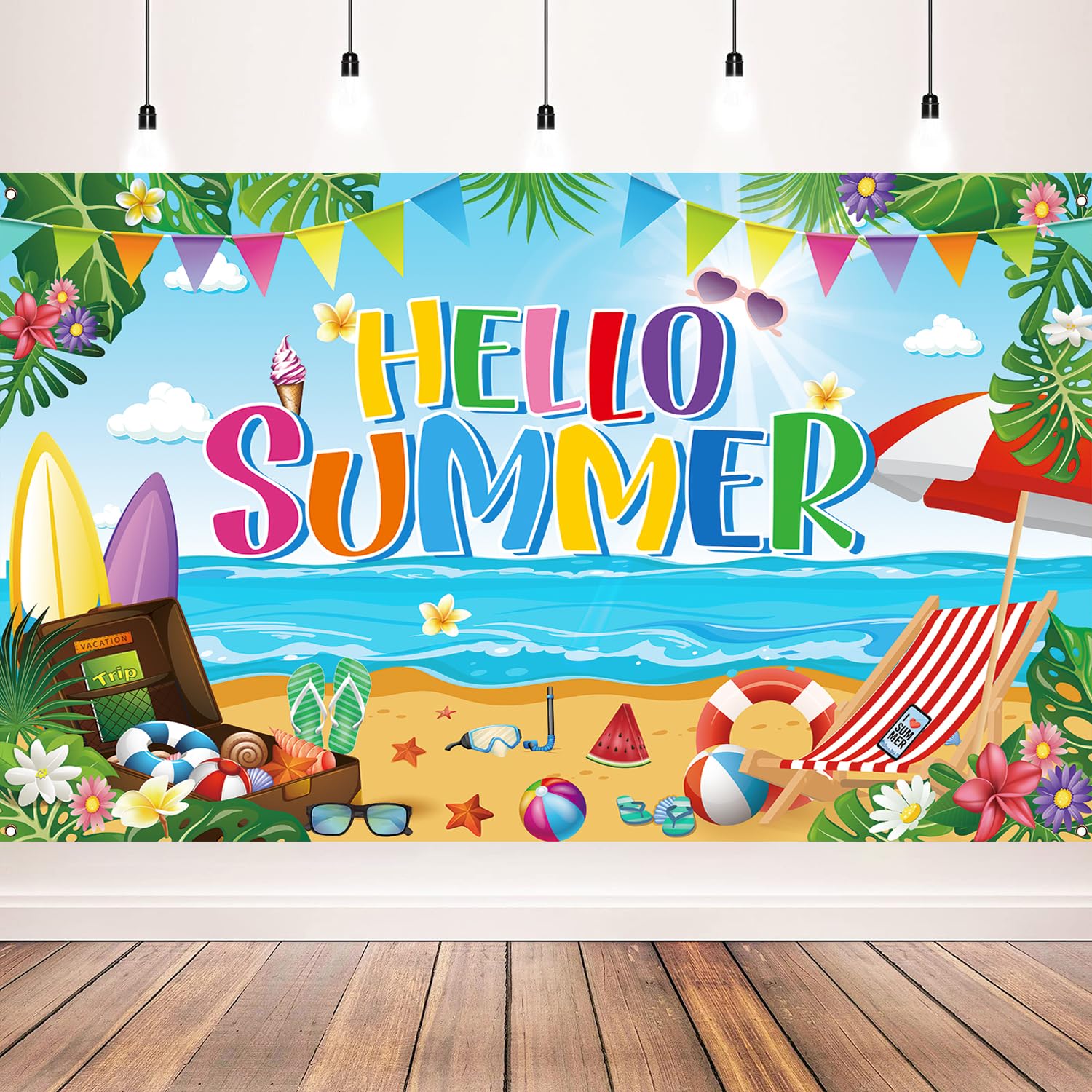 Summer Party Decorations, Hello Summer Beach Party Backdrop Banner, Colorful Beach Scene Photography Background,71 x 43 inches