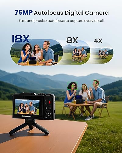 Miniatura 3 de Cámara digital 5K para fotografía  Cámara de vlogging de enfoque automático de 75 MP con tarjeta SD de 64 GB, WiFi, zoom de 18X, pantalla abatible