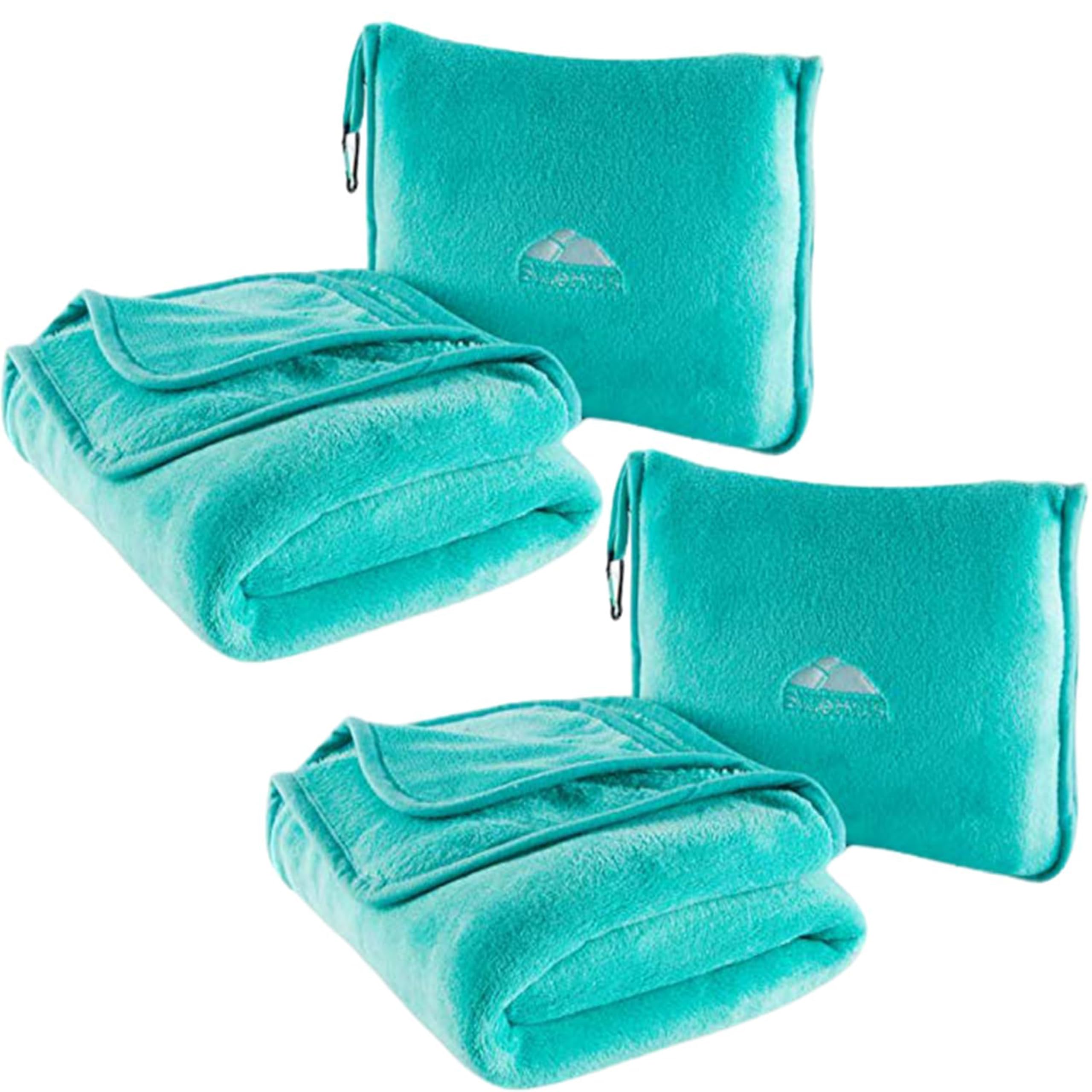 BlueHills 2-Pack Premium Soft Travel Blanket Pillow Airplane Blanket for Two in Soft Bag Pillowcase Compact Pack Large Blankets for Travel (Teal Green T012)