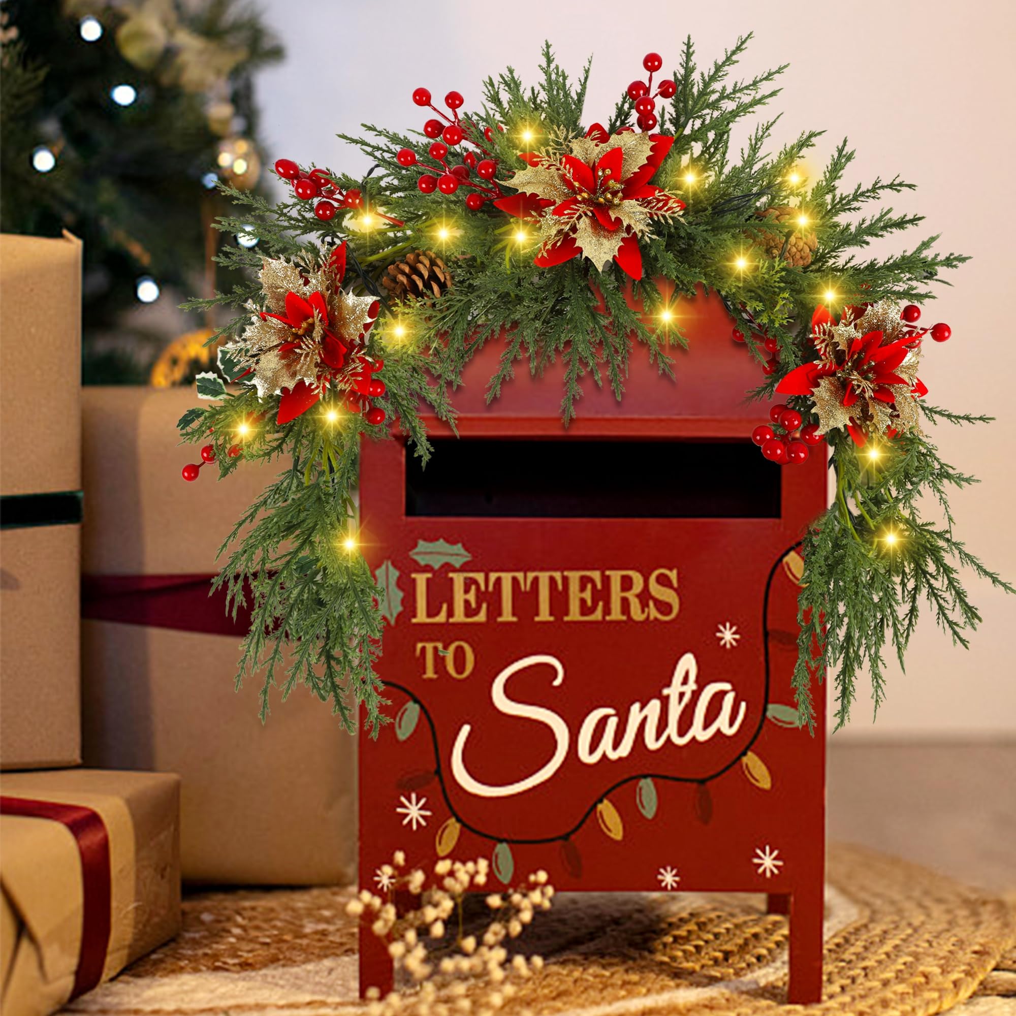 Christmas Door Swag With Lights 24 Inch Christmas Mailbox Swag With  Battery-Operated Lights - Outdoor Holiday Decor For Front Door, Windows \u0026  More Christmas Window Swags, image size:2000x2000