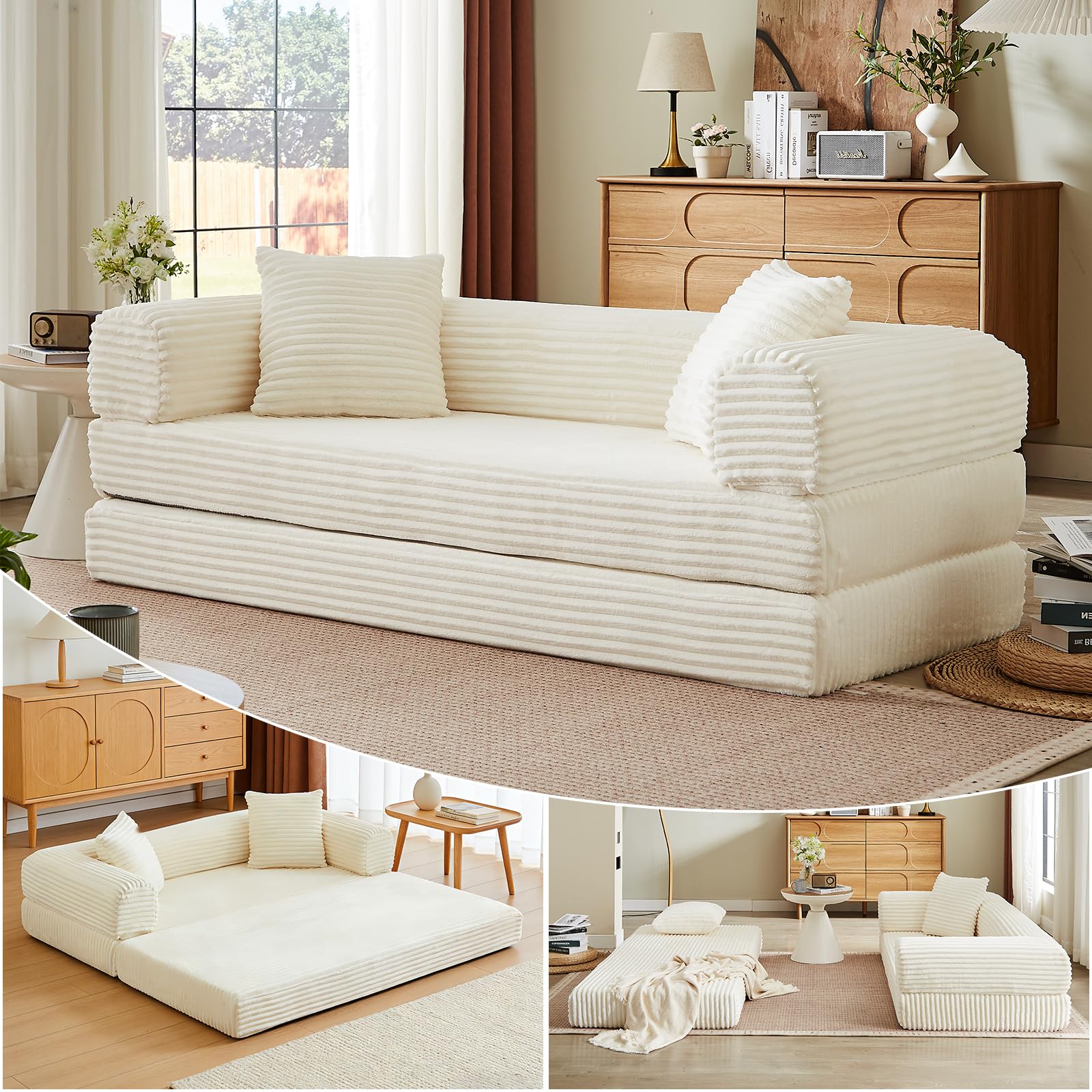 78 Inch Convertible Futon Sofa Bed,Folding Boneless Couch with Sleeper Sofa,Fold Out Floor Sofa Couch with Deep Seat,Cloud Corduroy Foldable Mattress Couches for Living Room(Off White)