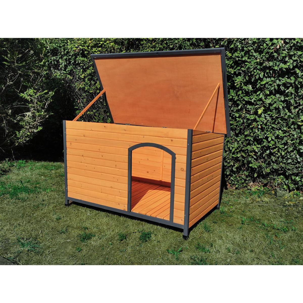 Animal Valley - Nicho para perros Natura con techo plano corredizo - Madera y Plástico - L 150 x 90 x 95 cm - Talla XXL - Beige y Gris - para perros grandes