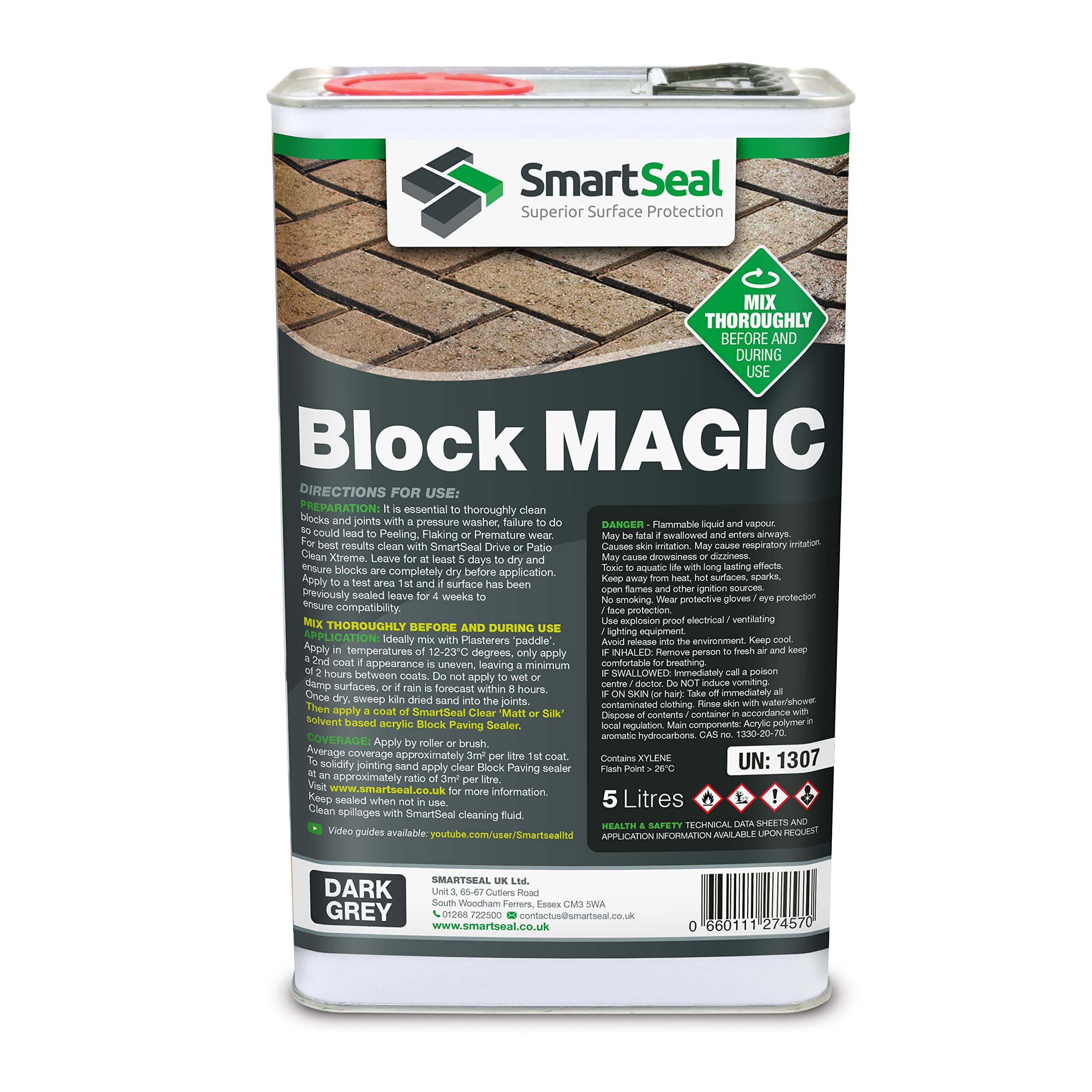 Smartseal ‘Block Magic' – A Re-Colouring Block Paving Sealer. Superior to a Concrete Paint - Transform Old Block Paved Drives or Patios - Easy to Apply (Dark Grey, 5 Litre) — image 1